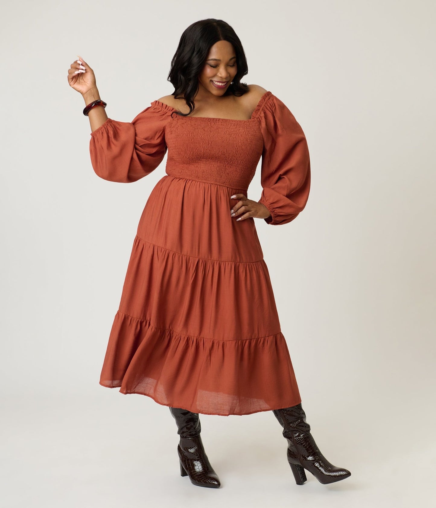 Plus Size Brown Smocked Midi Dress - Unique Vintage - Womens, DRESSES, MIDI