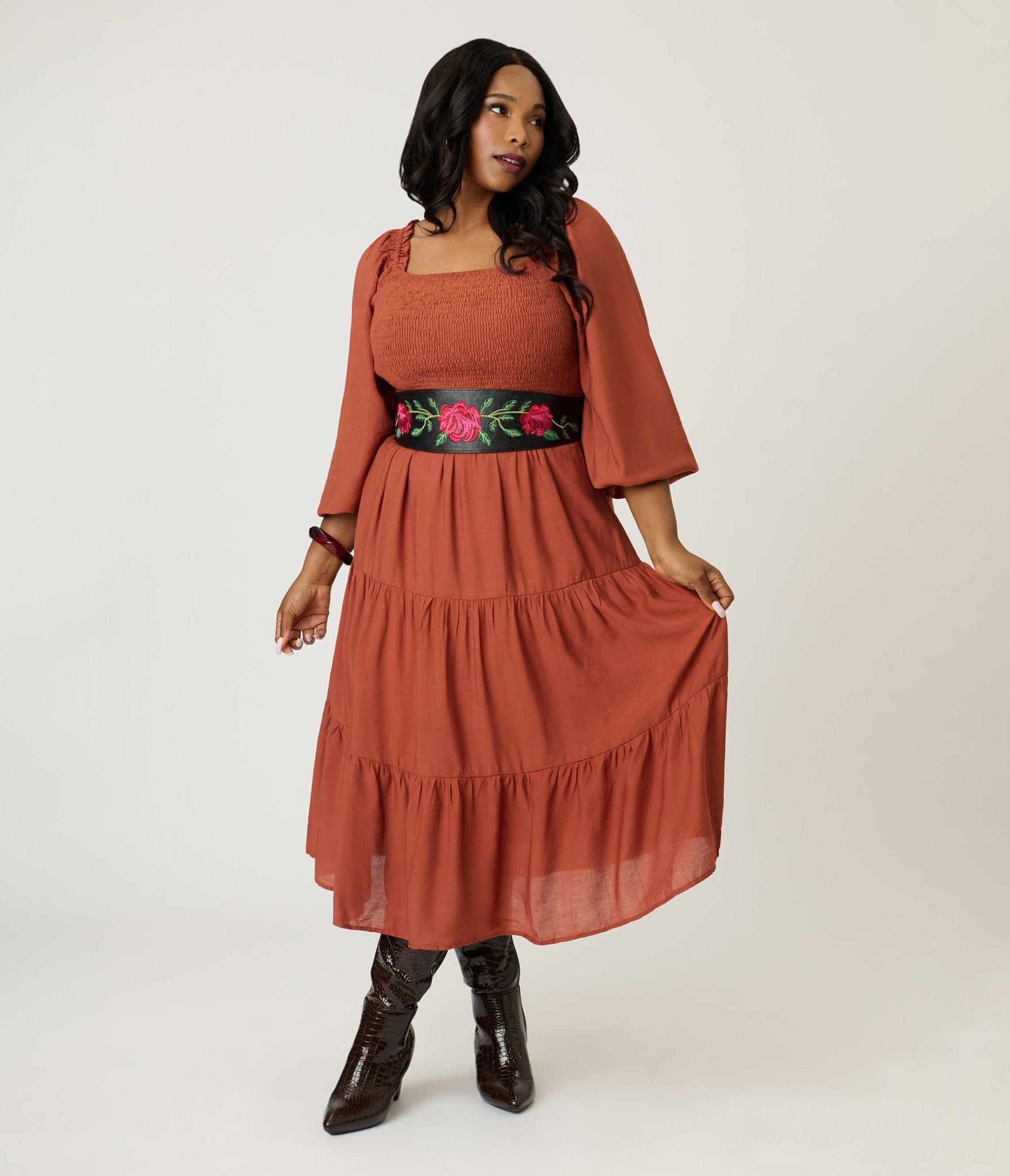 Plus Size Brown Smocked Midi Dress - Unique Vintage - Womens, DRESSES, MIDI