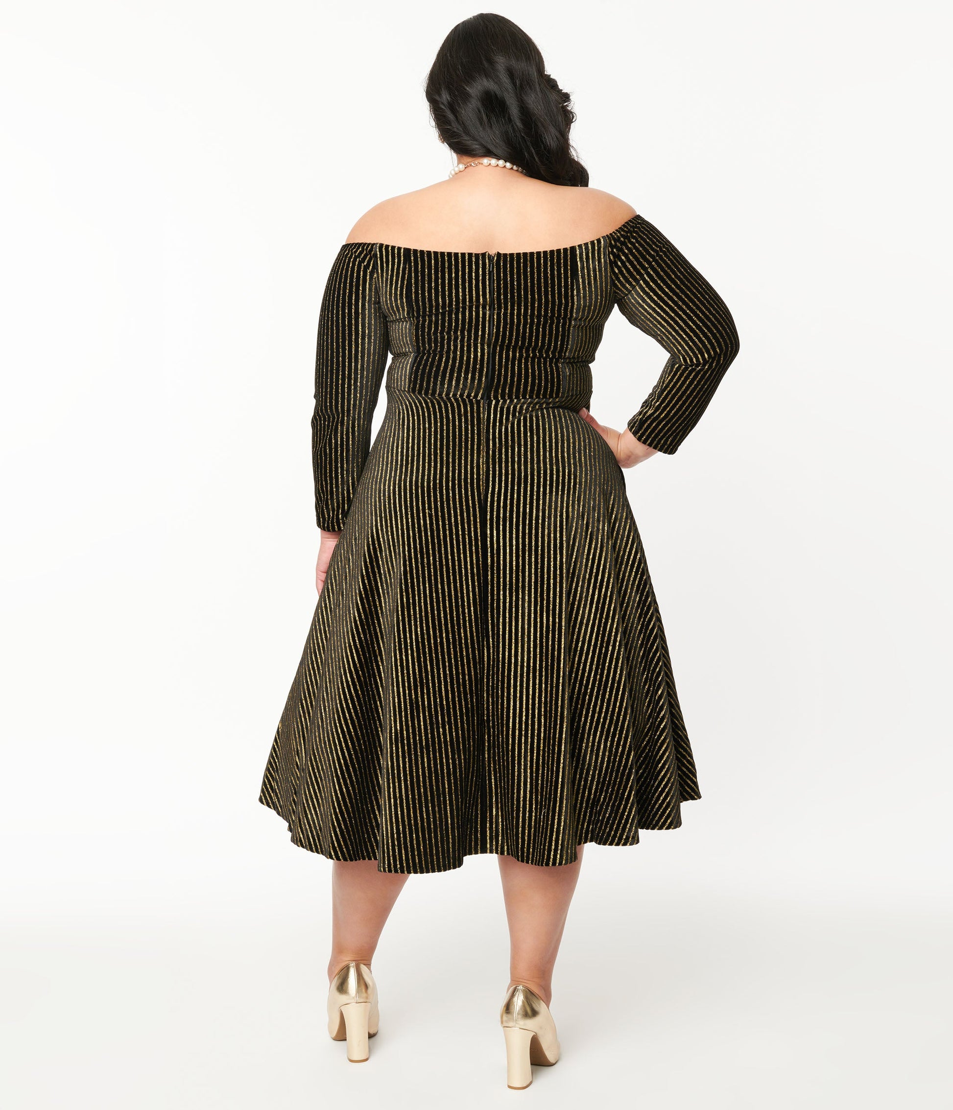 Plus Size Collectif Black & Gold Glitter Striped Anjelica Swing Dress - Unique Vintage - Womens, DRESSES, SWING