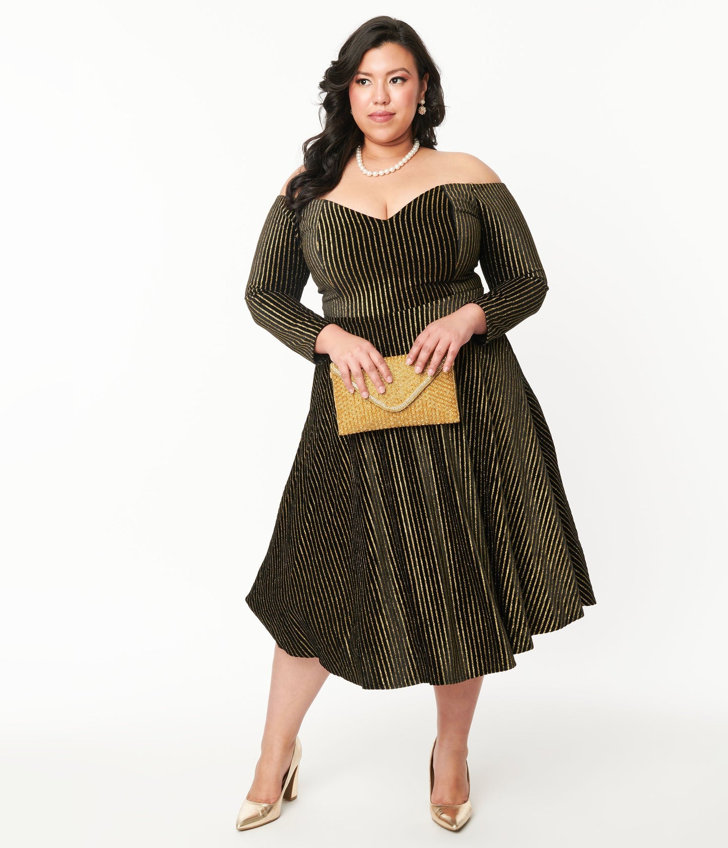 Plus Size Collectif Black & Gold Glitter Striped Anjelica Swing Dress - Unique Vintage - Womens, DRESSES, SWING