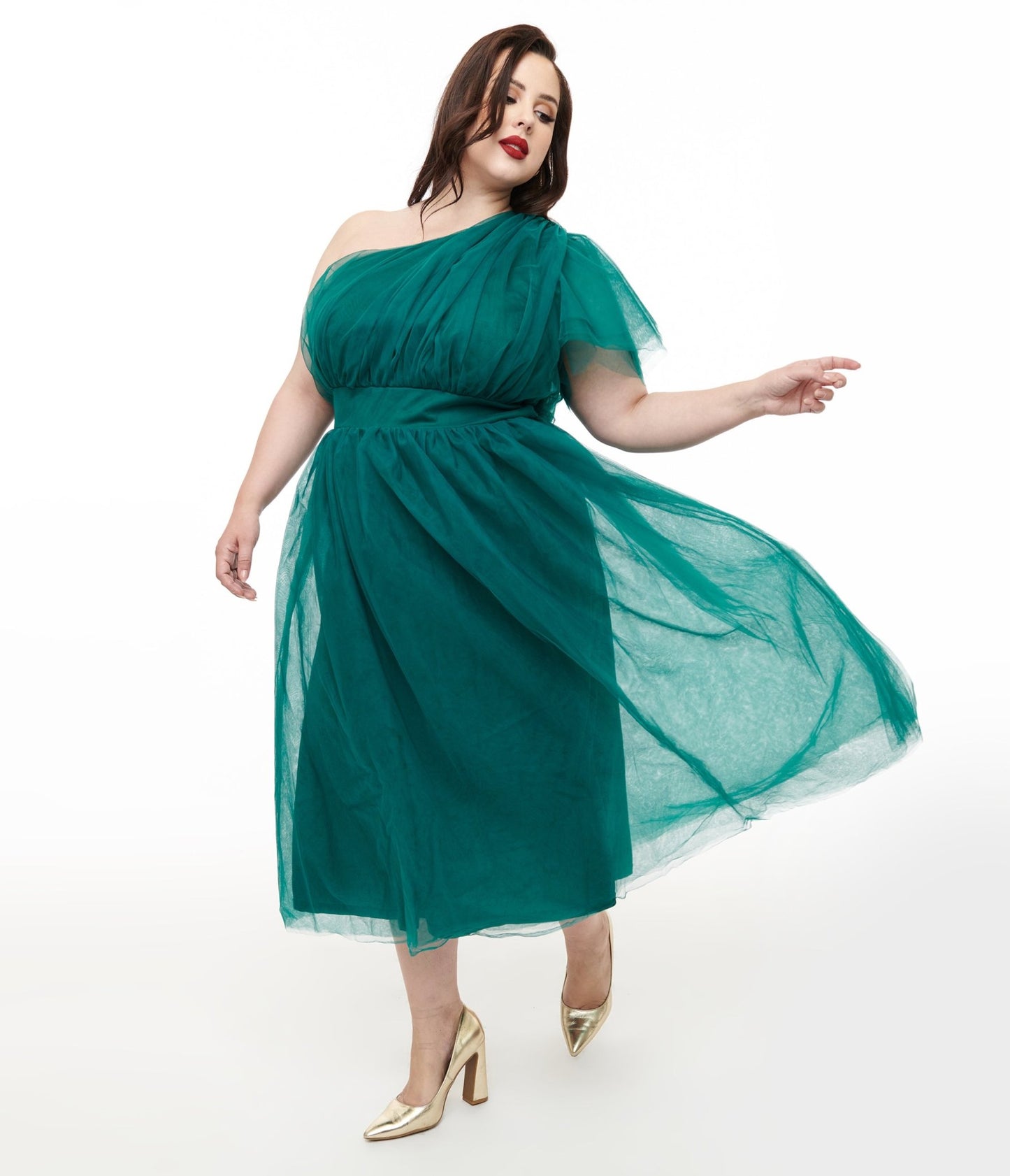 Plus Size Emerald Tulle Lively Charm Midi Dress - Unique Vintage - Womens, DRESSES, MIDI