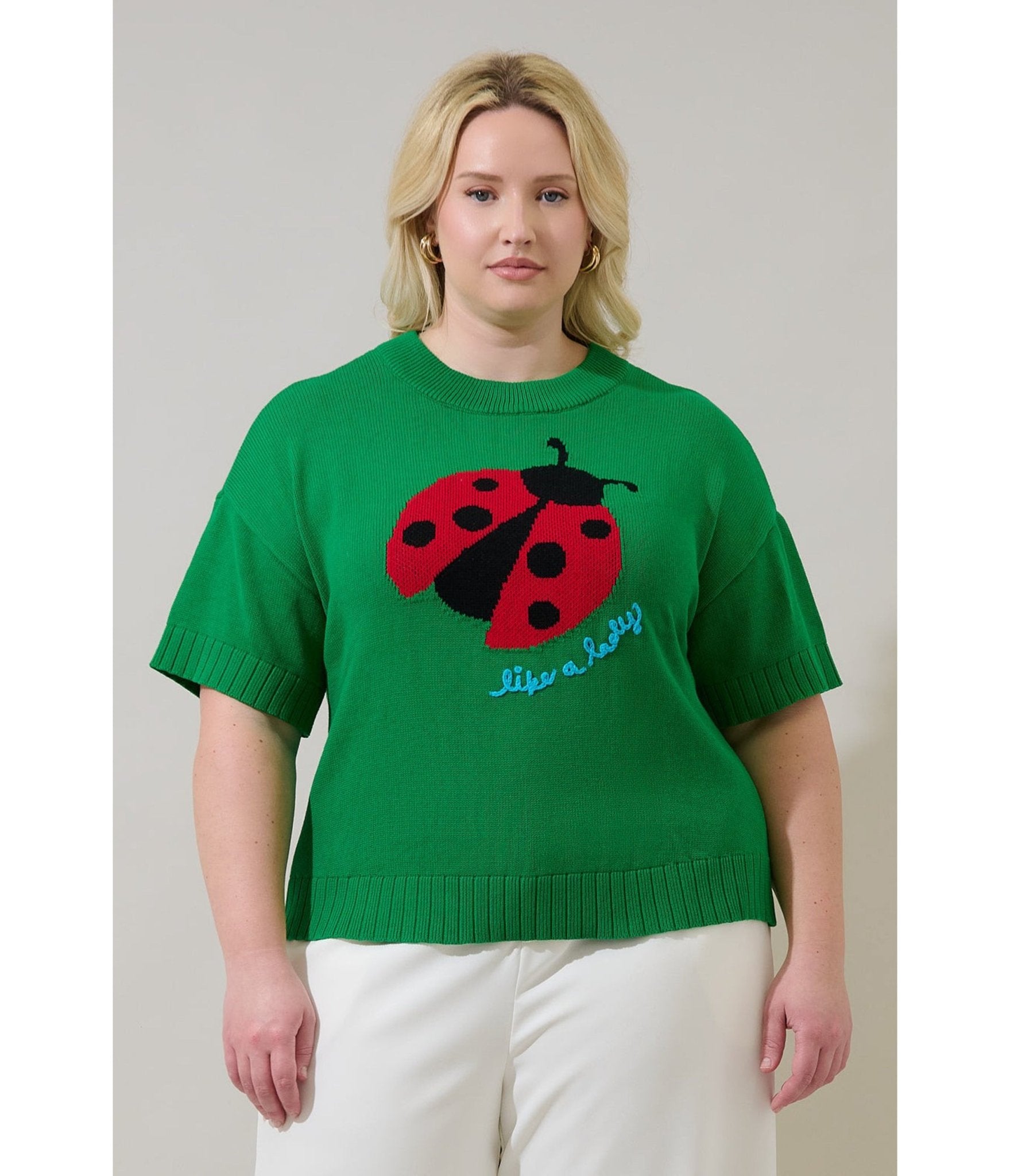 Plus Size Green Ladybug Drop Shoulder Sweater  Unique Vintage