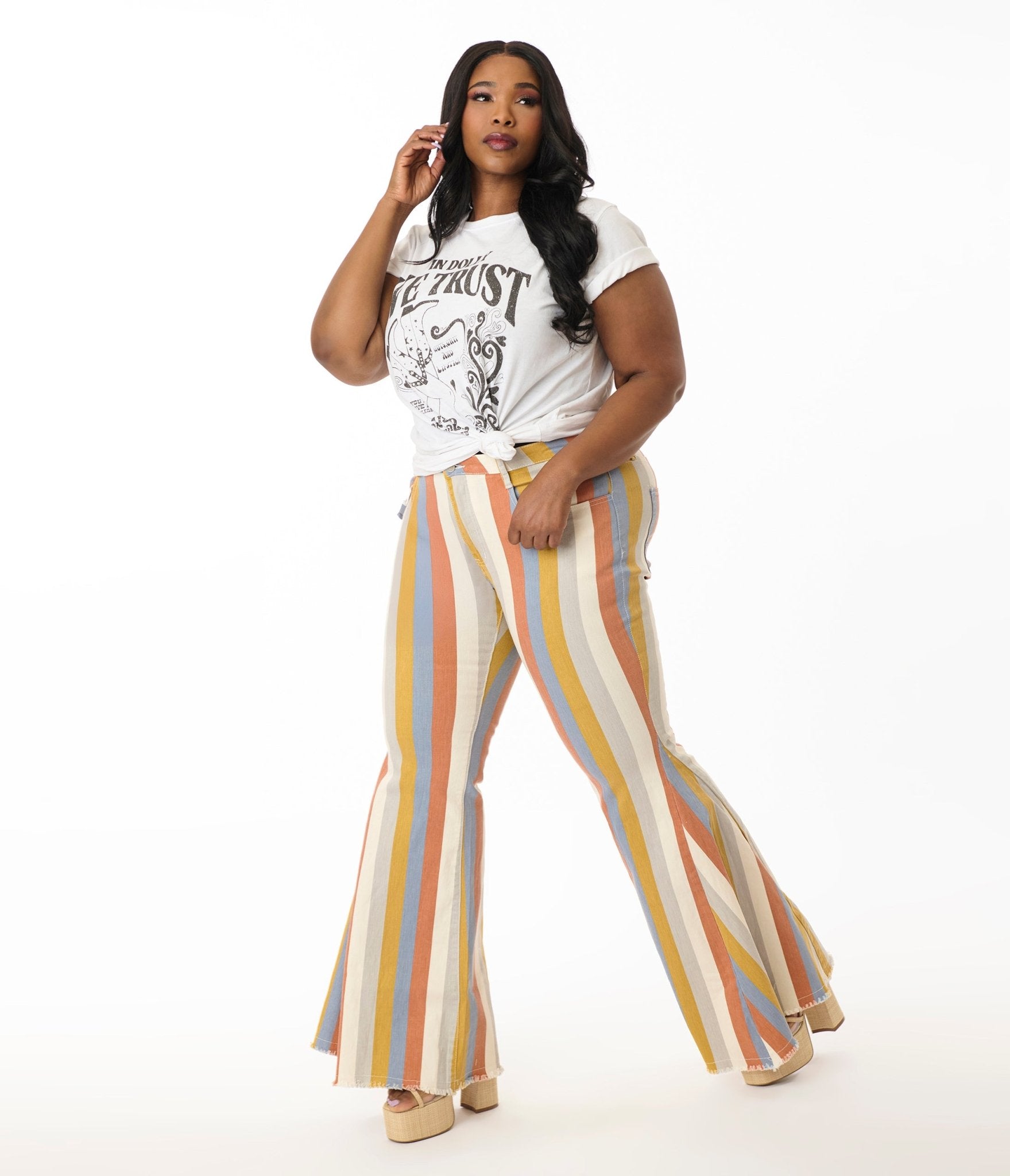 Plus Size Multicolor Striped Western Denim Bell Bottoms – Unique