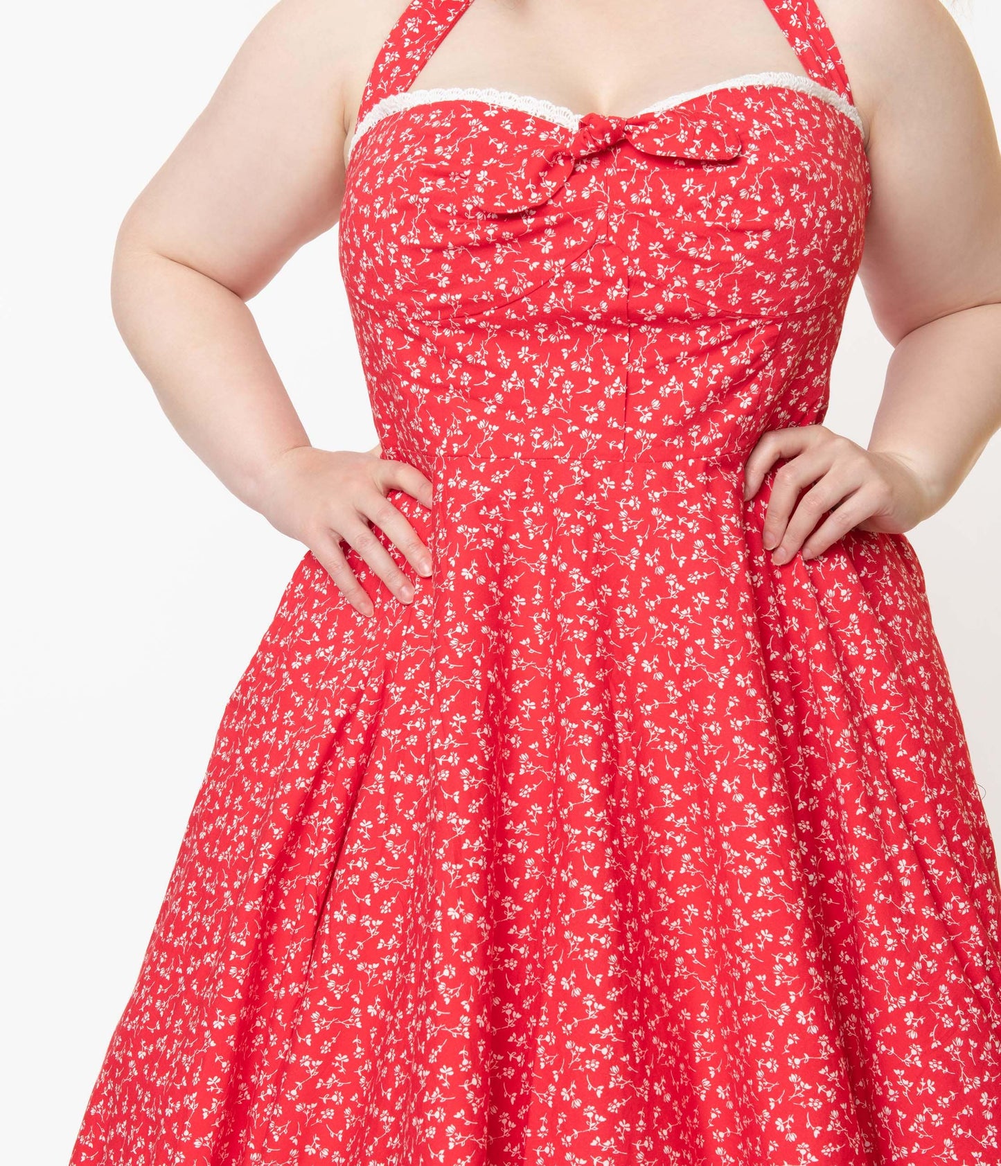 Plus Size Retro Red & White Floral Halter Kimberley Swing Dress - Unique Vintage - Womens, DRESSES, SWING