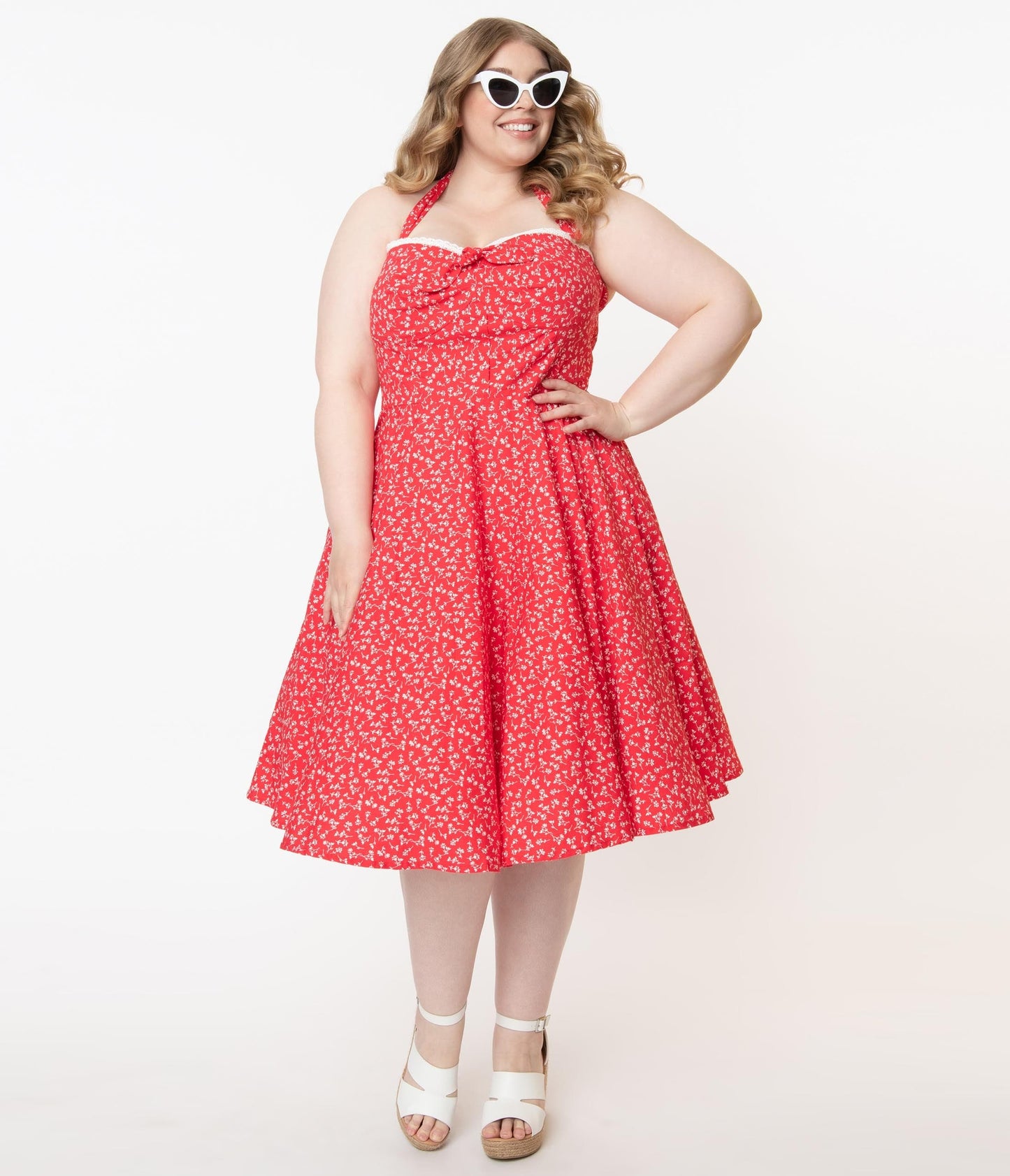 Plus Size Retro Red & White Floral Halter Kimberley Swing Dress - Unique Vintage - Womens, DRESSES, SWING