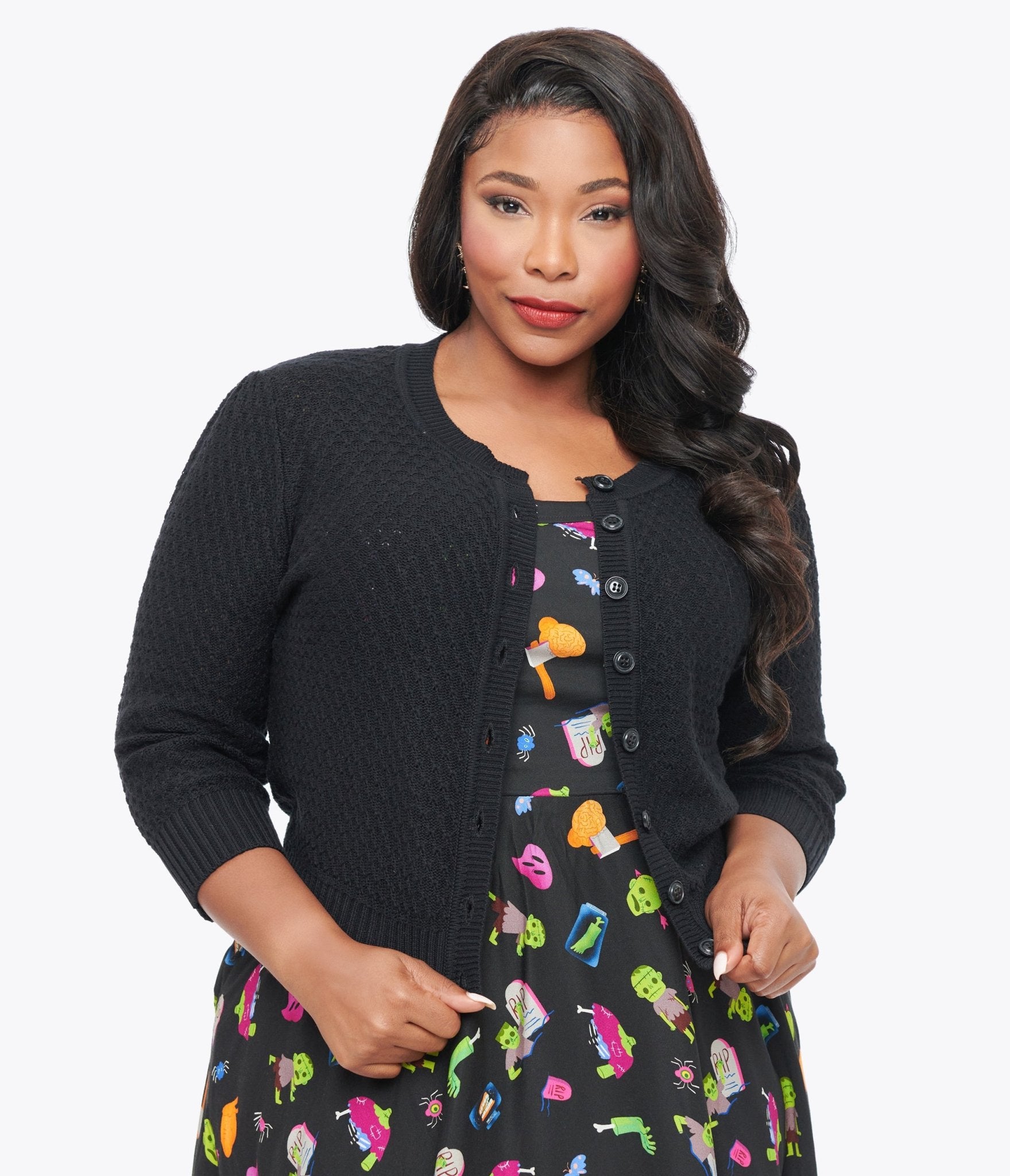Plus Size Retro Style Black Cotton Crochet Sleeved Button Cardigan Unique Vintage Plus Size Retro Style Black Cotton Crochet Sleeved Button Cardigan Unique Vintage