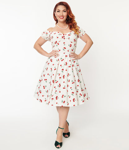 Plus Size White & Cherry Print Off The Shoulder Swing Dress - Unique Vintage - Womens, DRESSES, SWING