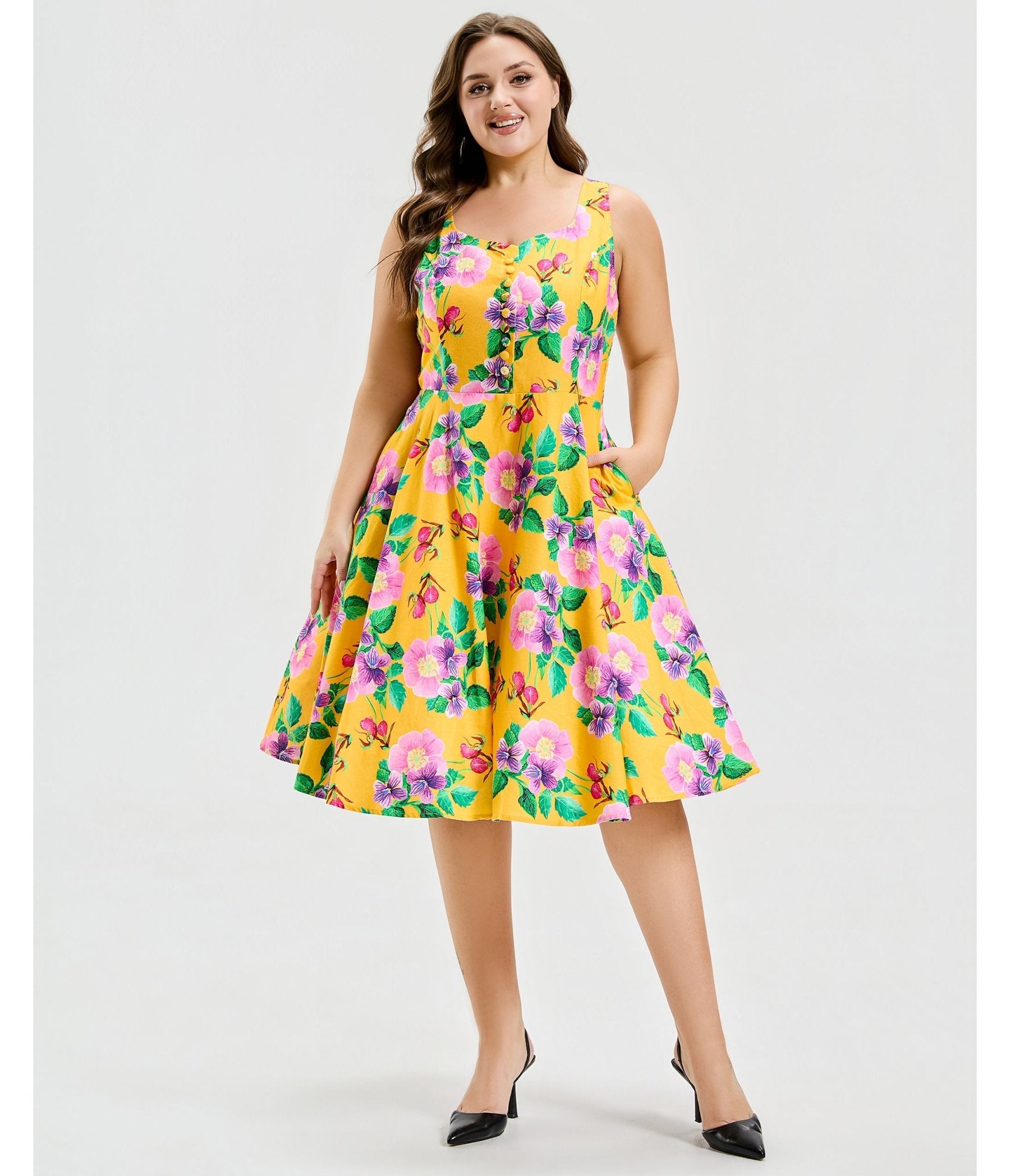 houseonthehill yellowflower ロンティ 80サイズ Plus Size Yellow Hibiscus Floral Print Heidi Dress – Unique Vintage