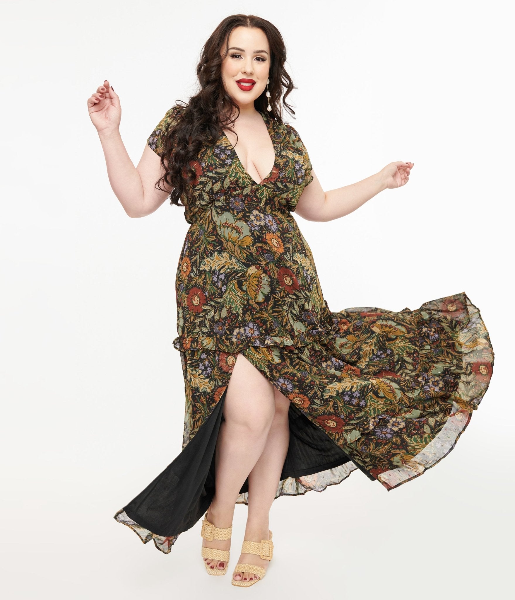 Polagram 1970s Autumn Floral Chiffon Maxi Dress - Unique Vintage - Womens, DRESSES, MAXI