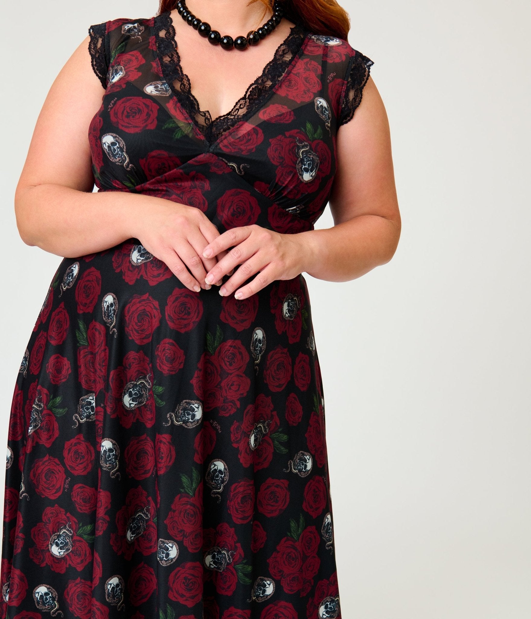 Practical Magic x Unique Vintage Plus Size Dark Roses V-Neck Swing Dre