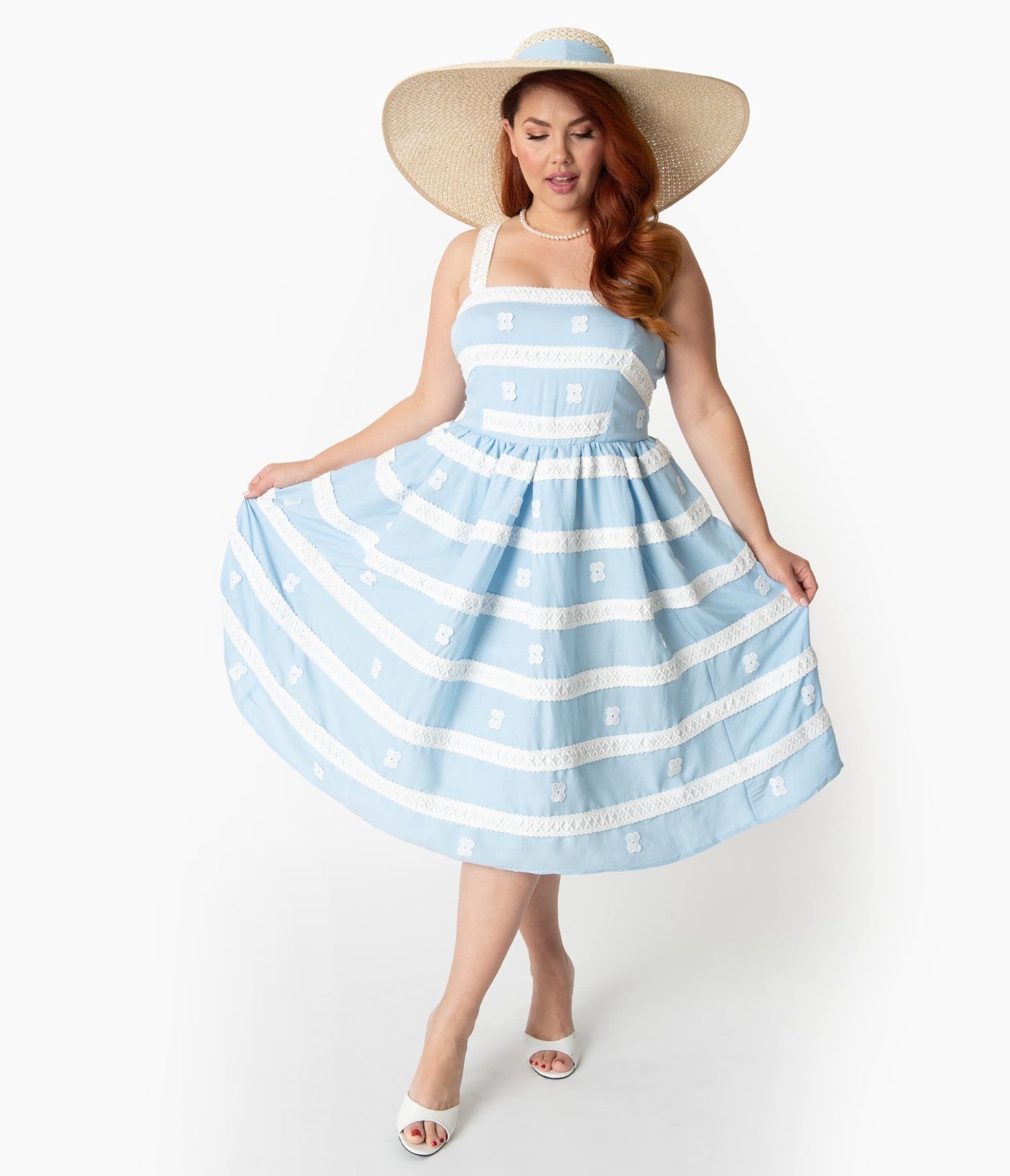 Preorder- Barbie x Unique Vintage Plus Size Blue & White Suburban Shopper Sundress - Unique Vintage - Womens, DRESSES, SWING