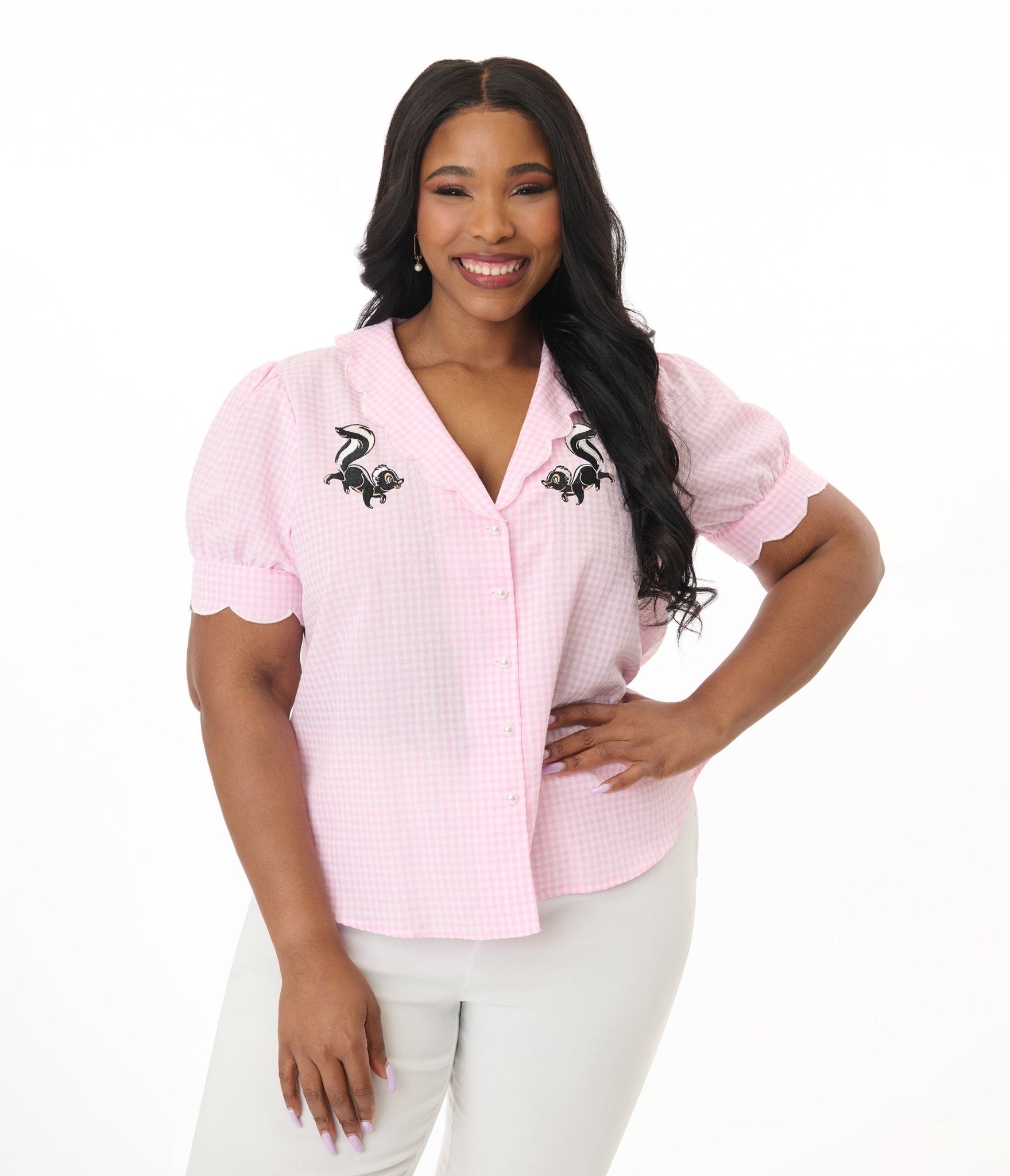 Disney Bambi Collection by Smak Parlour Plus Size Pink Gingham & Embroidered Flower Puff Sleeve Top - Unique Vintage - Womens