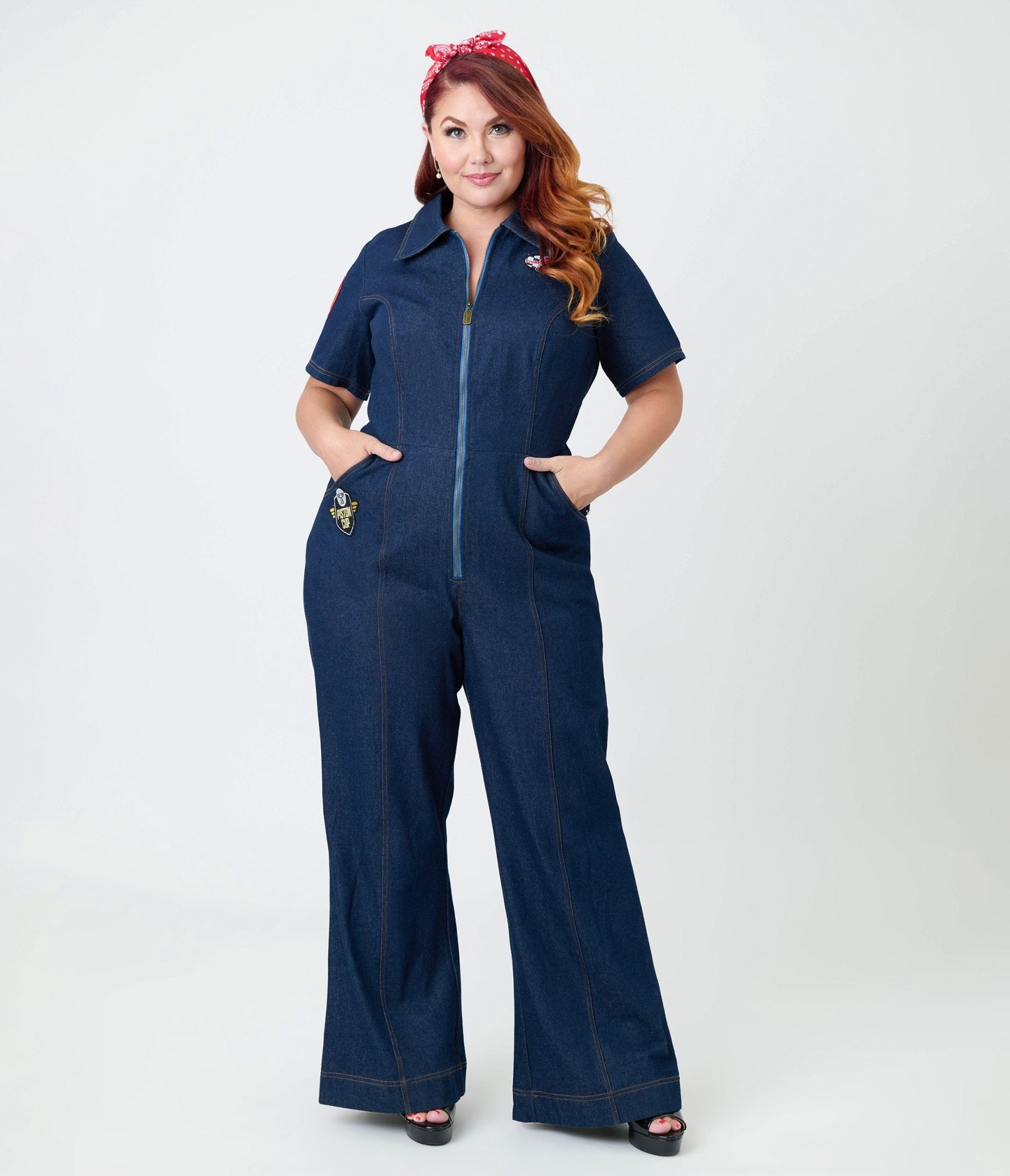 Disney Pixar Cars Collection by Unique Vintage Plus Size Pit Crew Denim Jumpsuit - Unique Vintage - Womens, BOTTOMS,JUMPSUITS