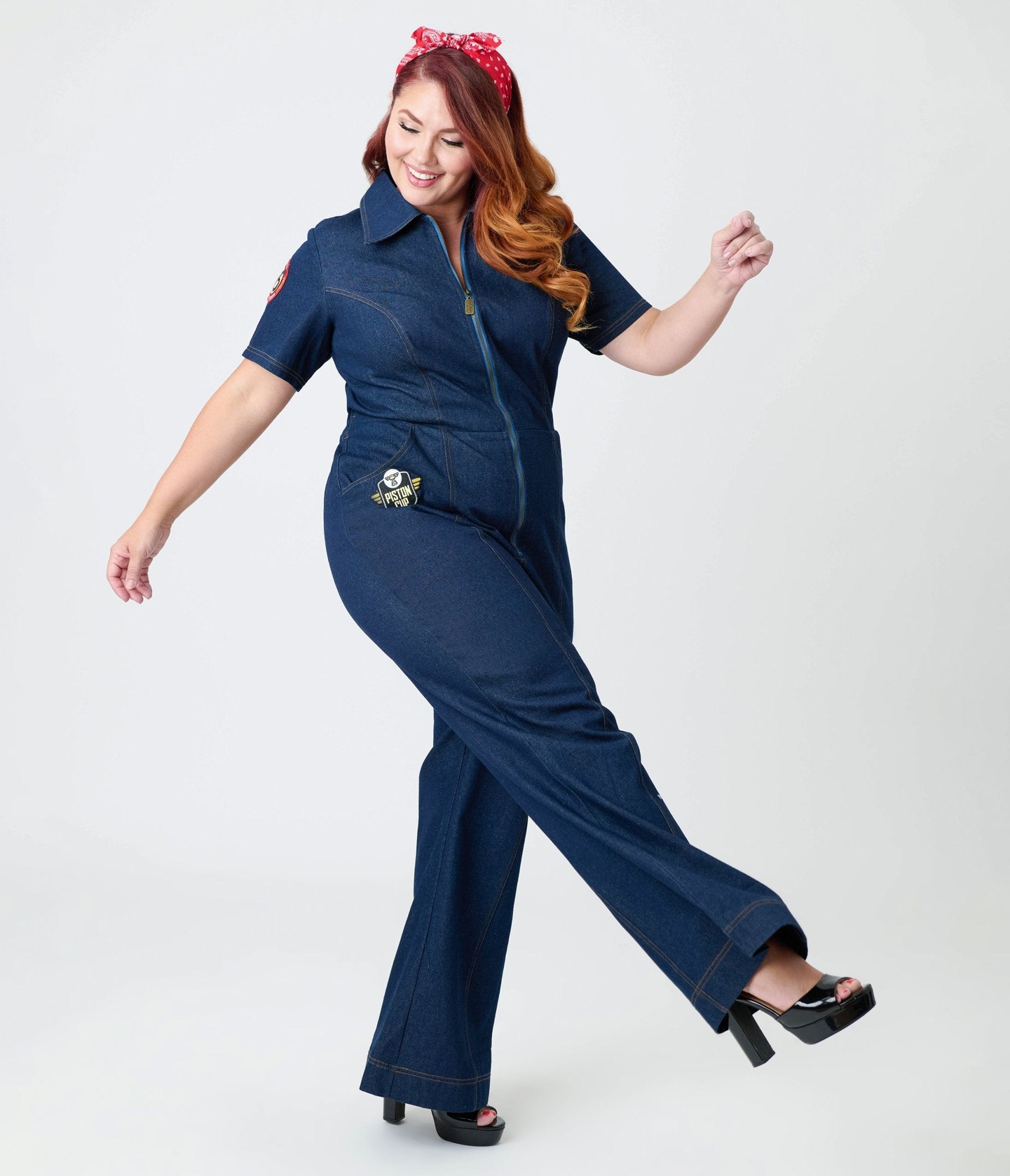 Disney Pixar Cars Collection by Unique Vintage Plus Size Pit Crew Denim Jumpsuit - Unique Vintage - Womens, BOTTOMS,JUMPSUITS