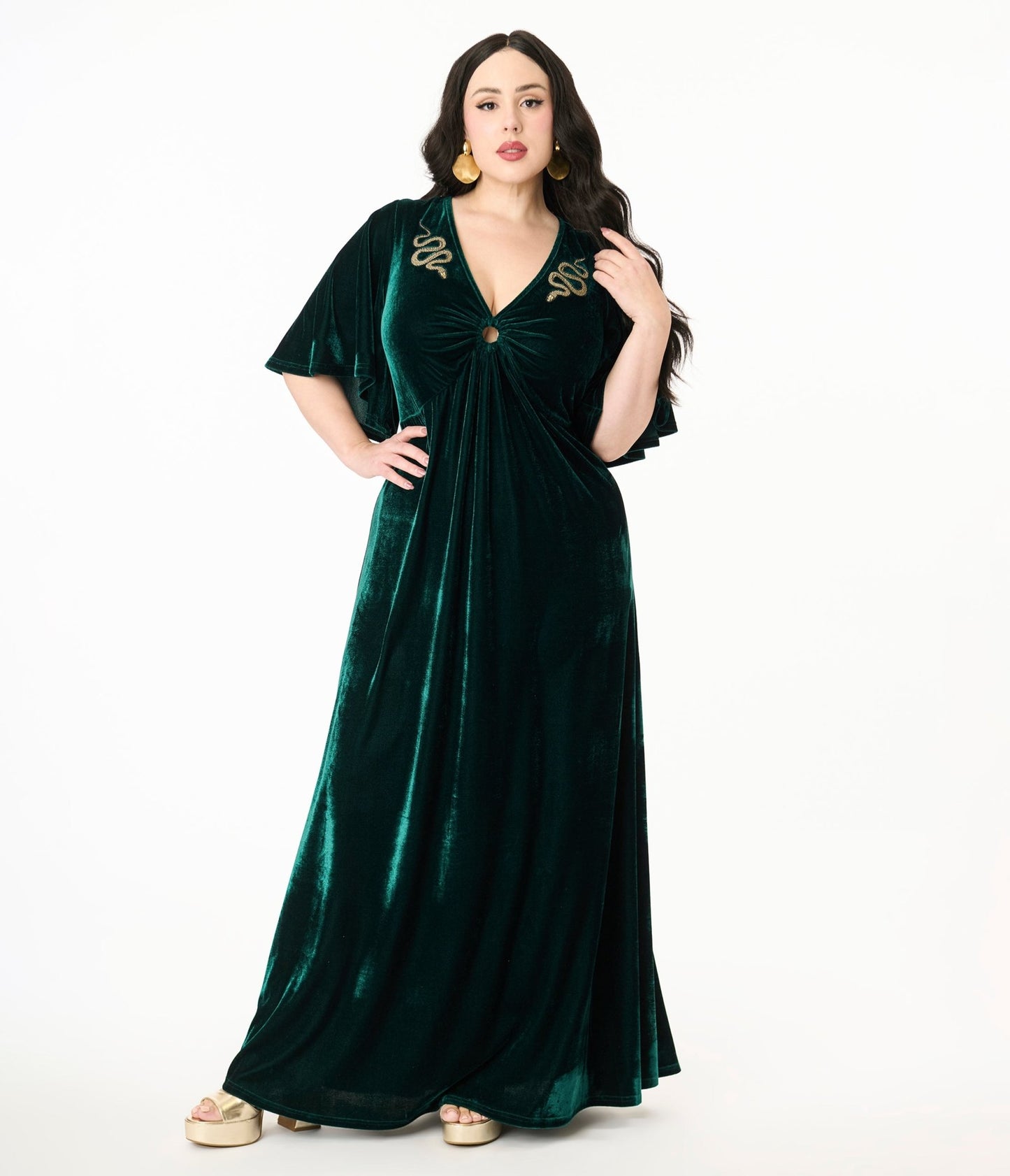 Smak Parlour Plus Size Emerald Velvet & Gold Snake Embroidered Cutout Maxi Dress - Unique Vintage - Womens, DRESSES, MAXI