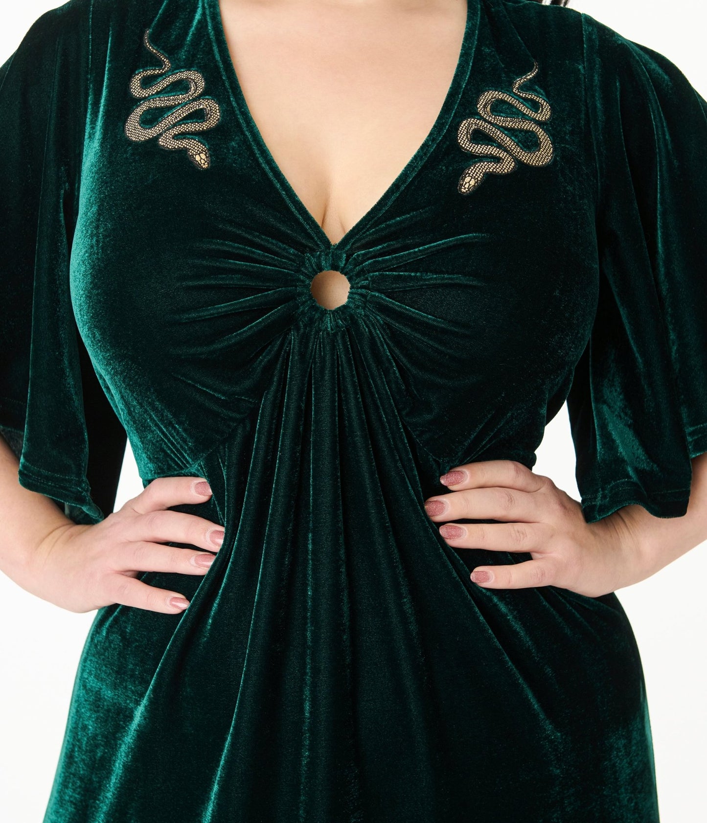 Smak Parlour Plus Size Emerald Velvet & Gold Snake Embroidered Cutout Maxi Dress - Unique Vintage - Womens, DRESSES, MAXI