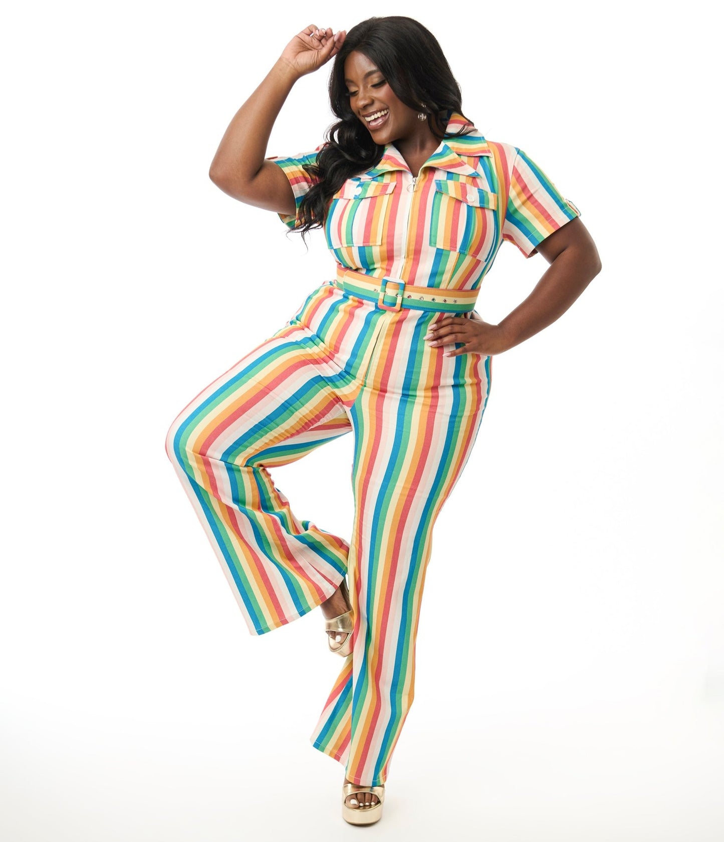 Smak Parlour Plus Size Retro Rainbow Stripe Flare Jumpsuit - Unique Vintage - Womens, BOTTOMS, ROMPERS & JUMPSUITS