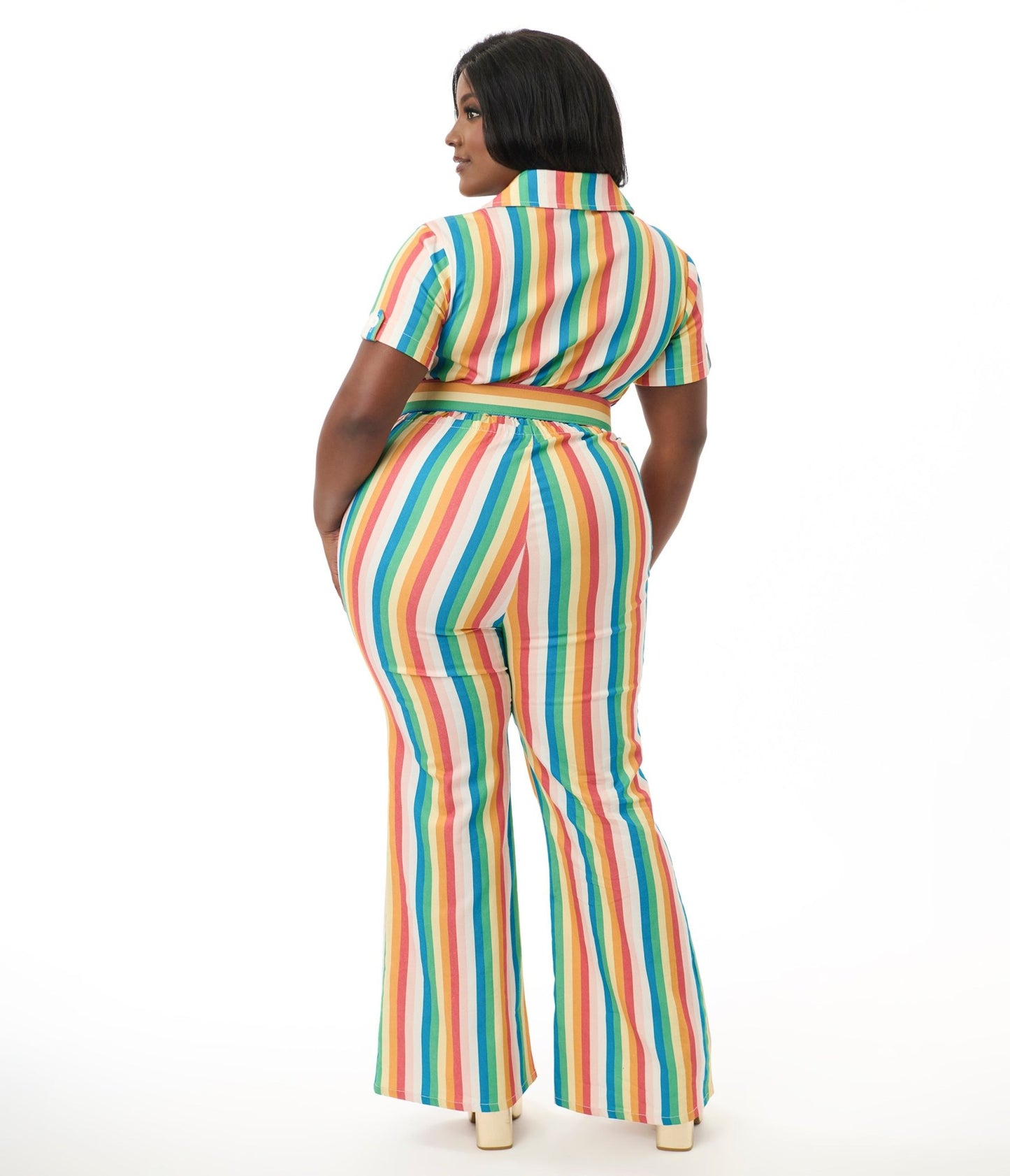 Smak Parlour Plus Size Retro Rainbow Stripe Flare Jumpsuit - Unique Vintage - Womens, BOTTOMS, ROMPERS & JUMPSUITS