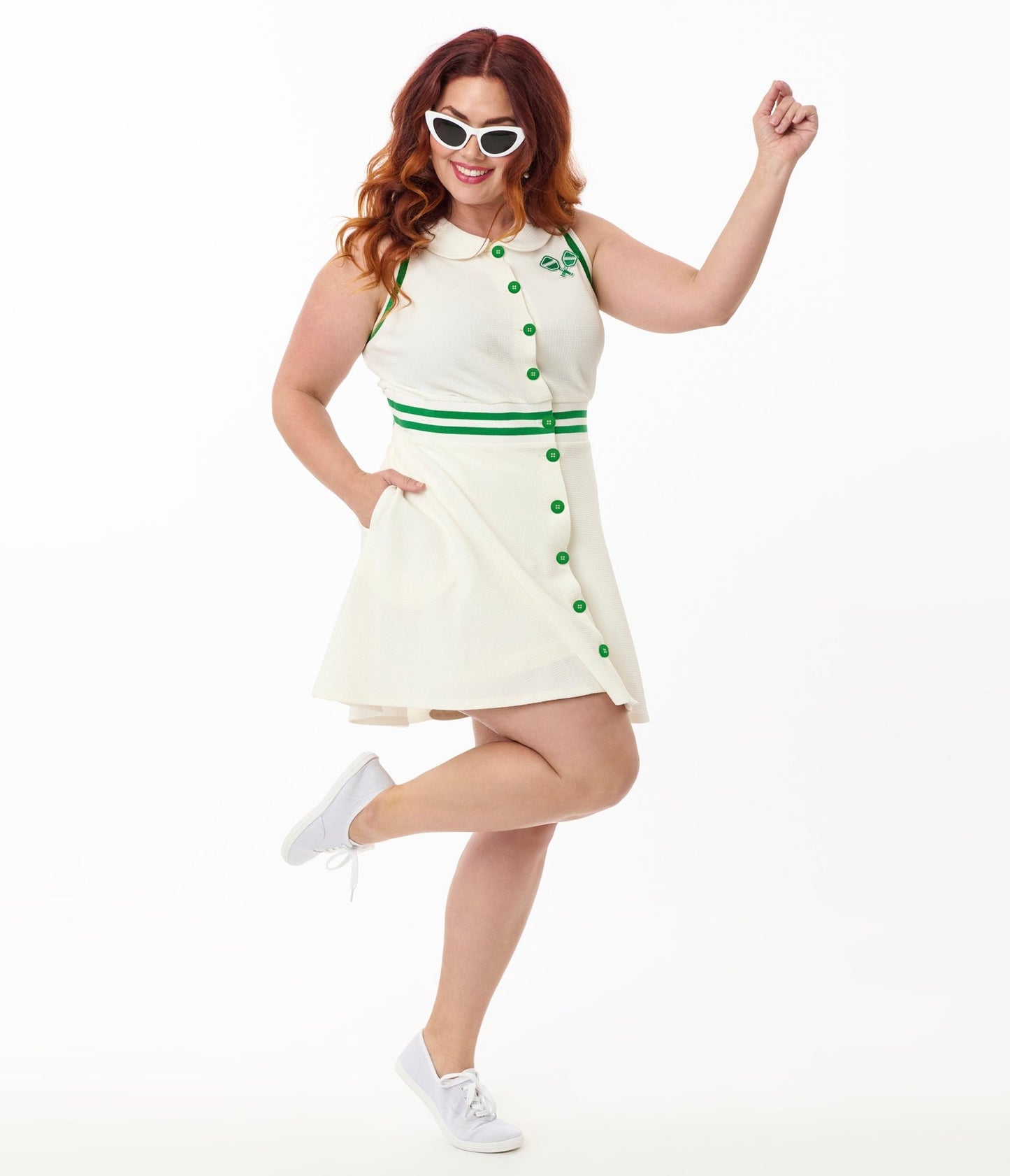 Smak Parlour Plus Size White & Green Pickleball Paddle Sport Dress & Shorts - Unique Vintage - Womens, DRESSES, A - LINE