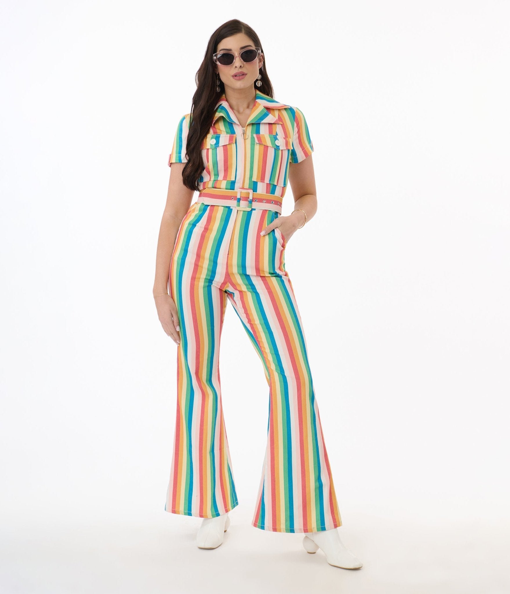 Preorder - Smak Parlour Retro Rainbow Stripe Flare Jumpsuit - Unique Vintage - Womens, BOTTOMS, ROMPERS AND JUMPSUITS