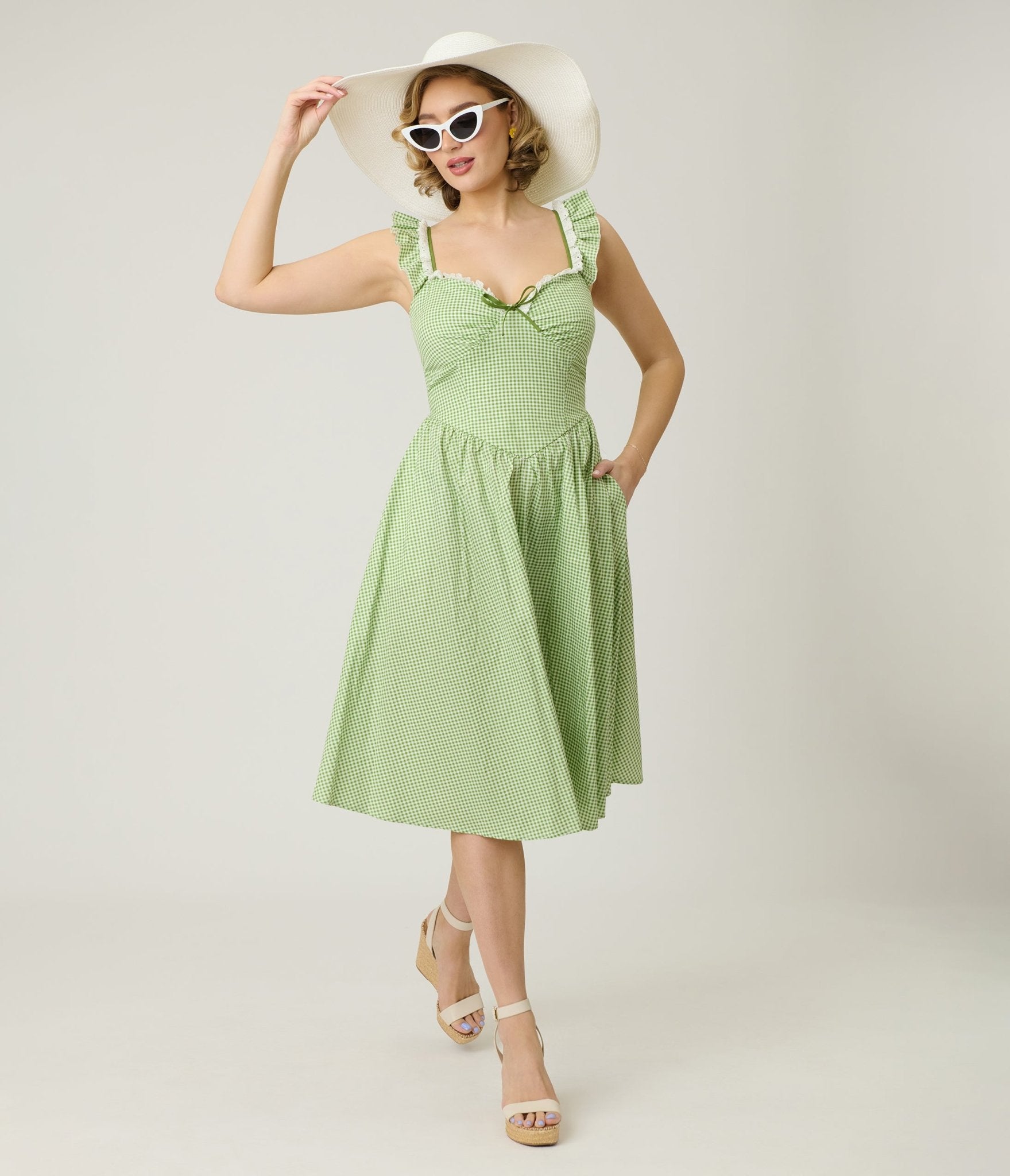 Unique Vintage Green Gingham Sweetheart Flutter Sleeve Swing Dress