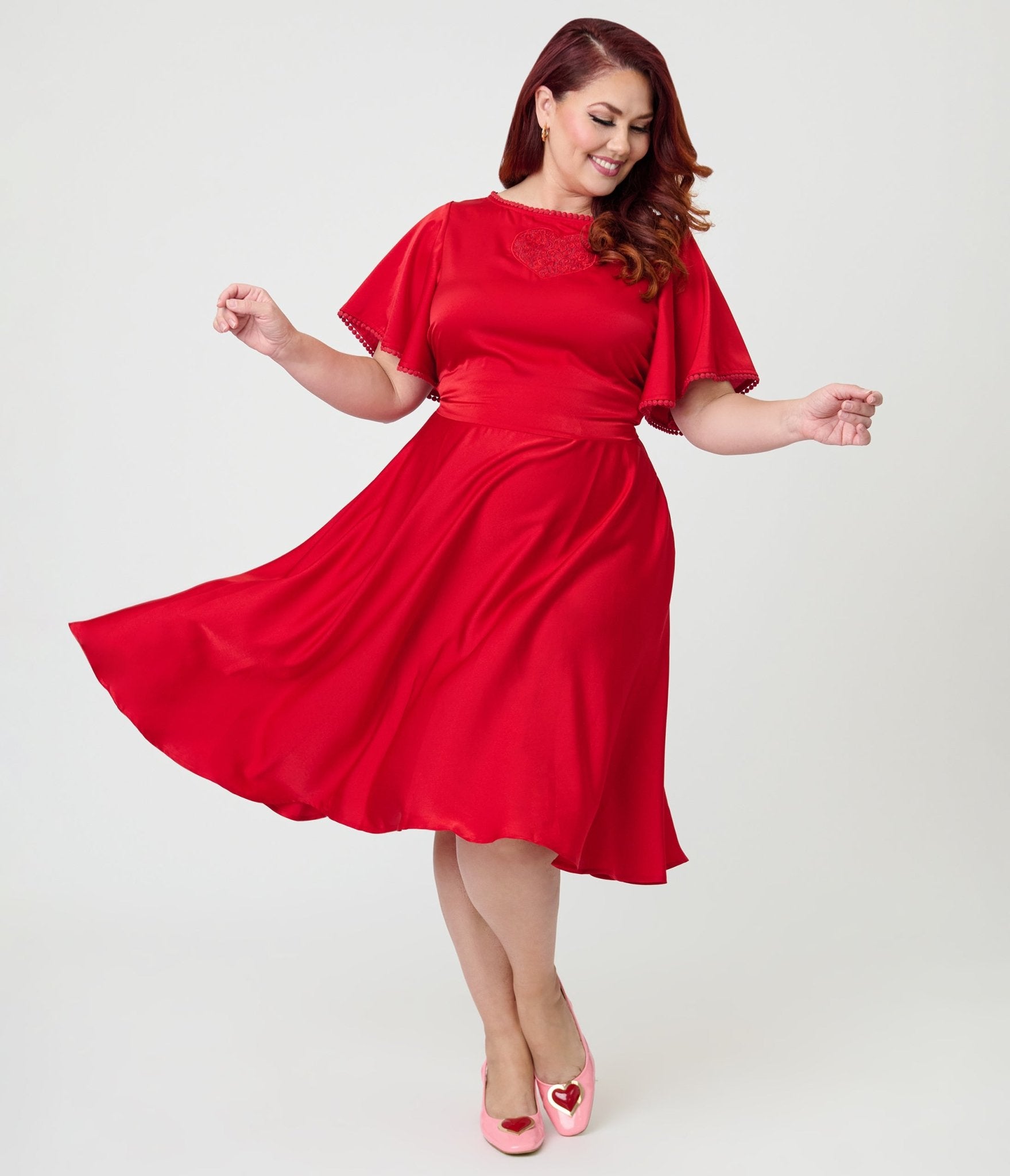 Unique Vintage Plus Size Red Floral Mesh Cutout Swing Dress