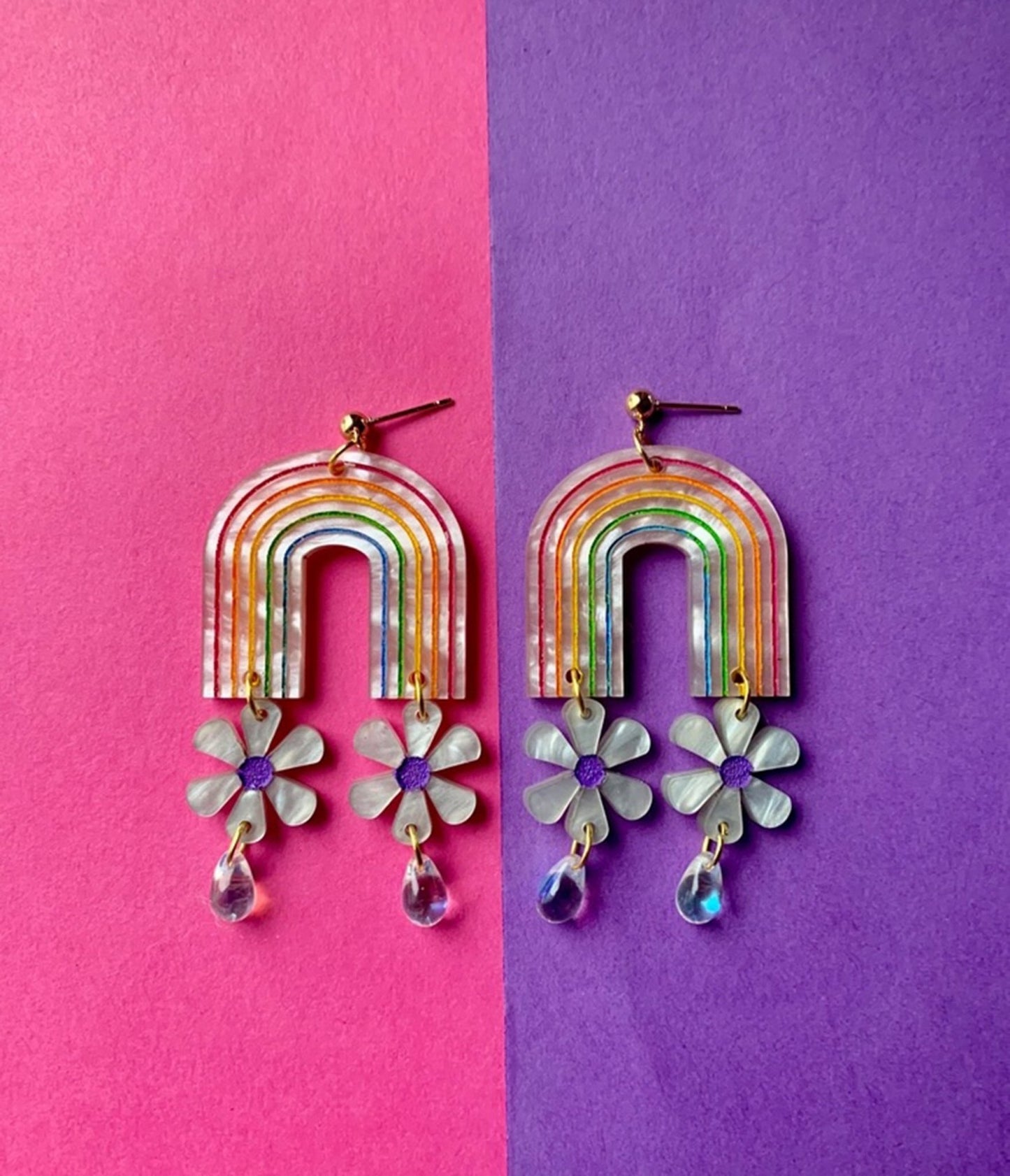 Rainbow Arch & Floral Earrings - Unique Vintage - Womens, ACCESSORIES, JEWELRY