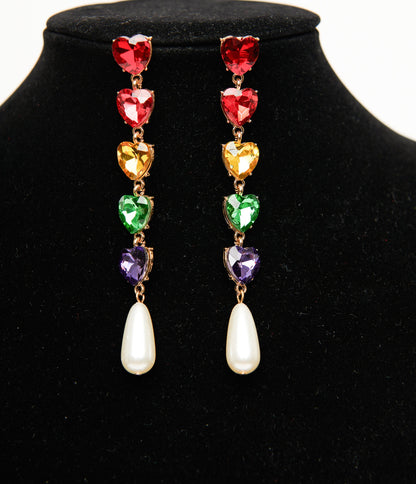 Rainbow Heart & Faux Pearl Drop Earrings - Unique Vintage - Womens, ACCESSORIES, JEWELRY