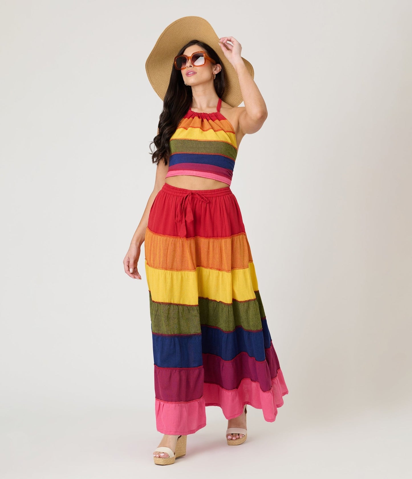 Rainbow Stripe Flowy Top & Skirt Set - Unique Vintage - Womens, BOTTOMS, SKIRTS