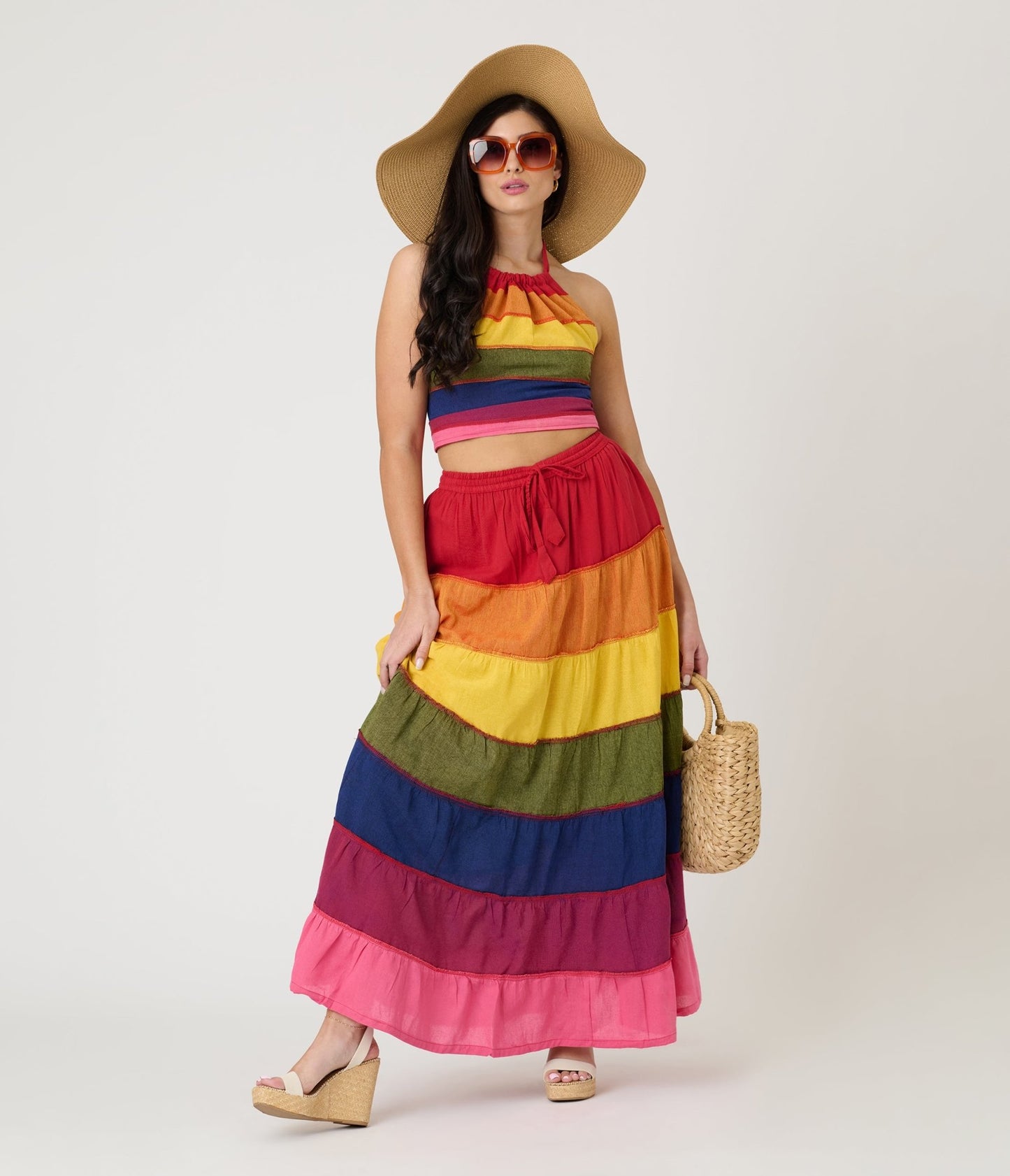 Rainbow Stripe Flowy Top & Skirt Set - Unique Vintage - Womens, BOTTOMS, SKIRTS