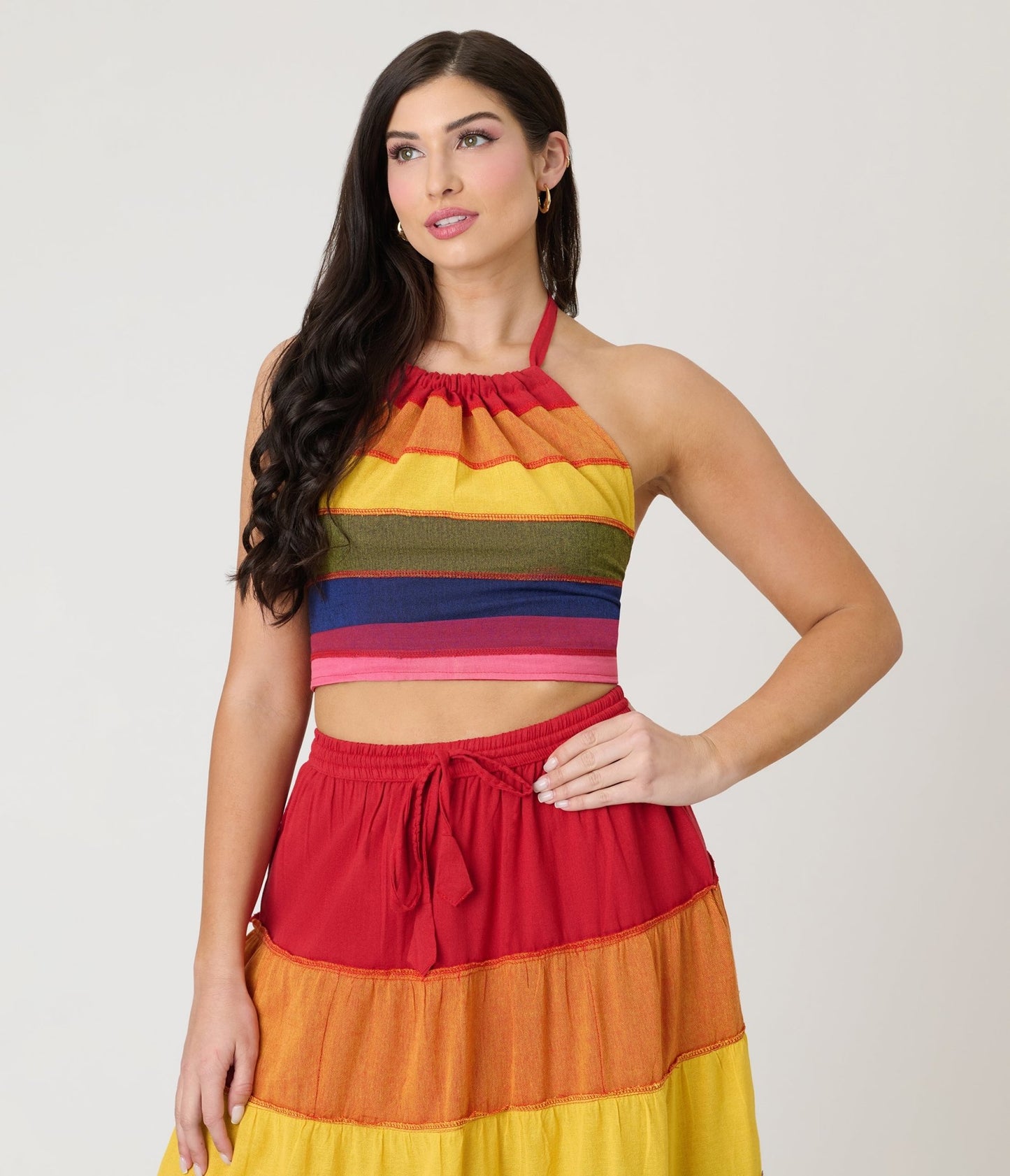 Rainbow Stripe Flowy Top & Skirt Set - Unique Vintage - Womens, BOTTOMS, SKIRTS