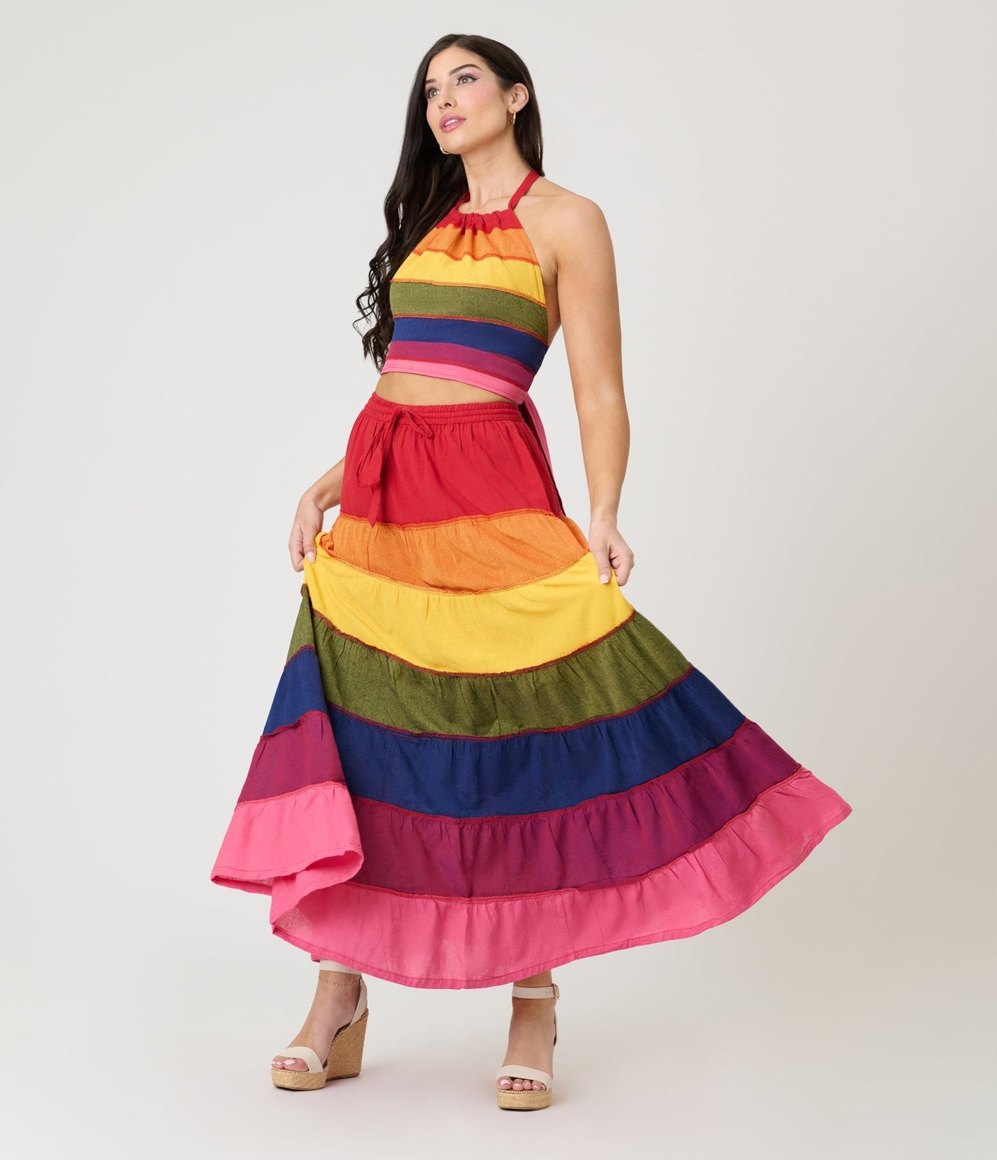 Rainbow Stripe Flowy Top & Skirt Set - Unique Vintage - Womens, BOTTOMS, SKIRTS