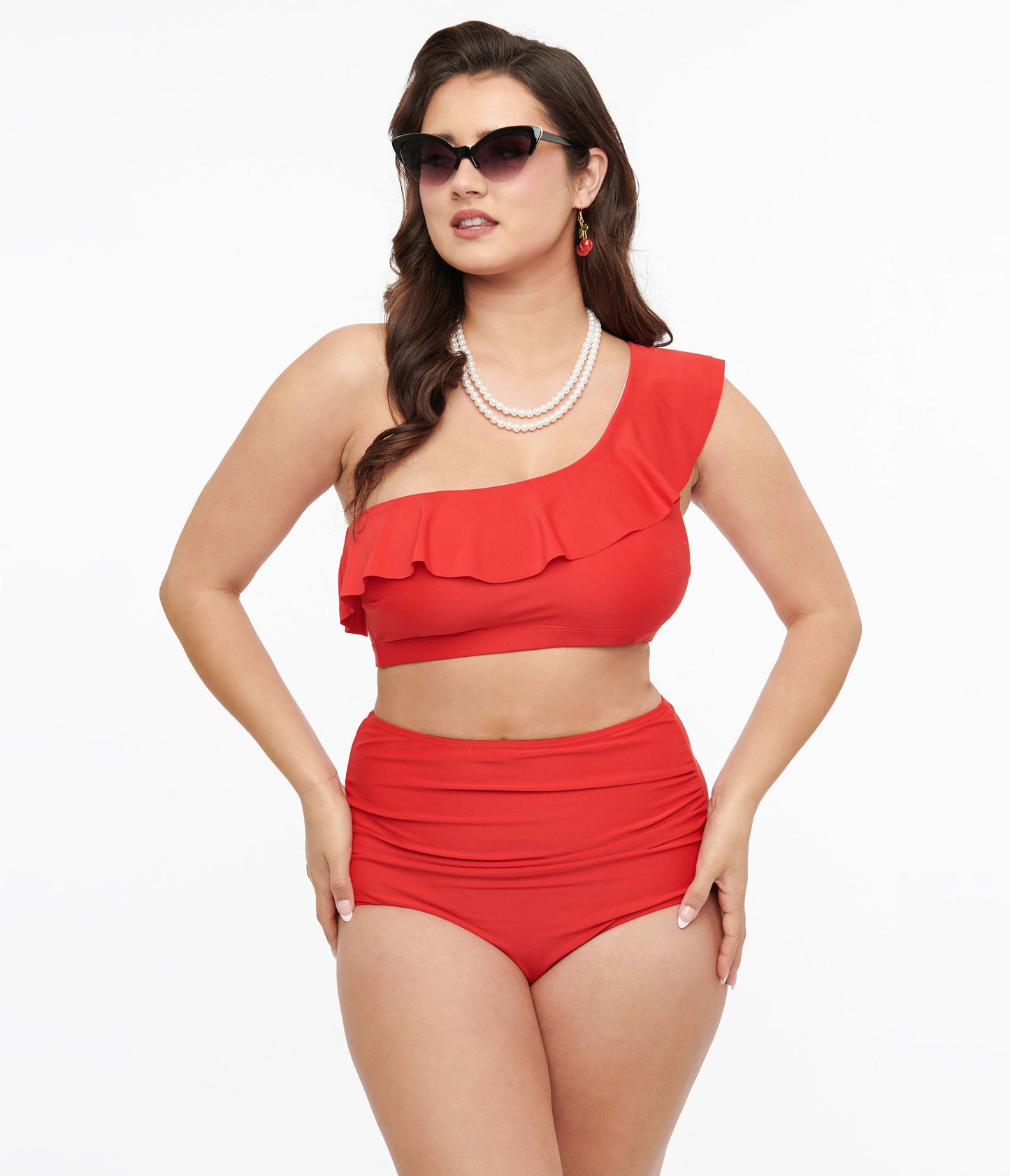 Red Asymmetric One Shoulder Ruffled Two Piece Swim Set - Unique Vintage - Womens, SWIM, 1 PC