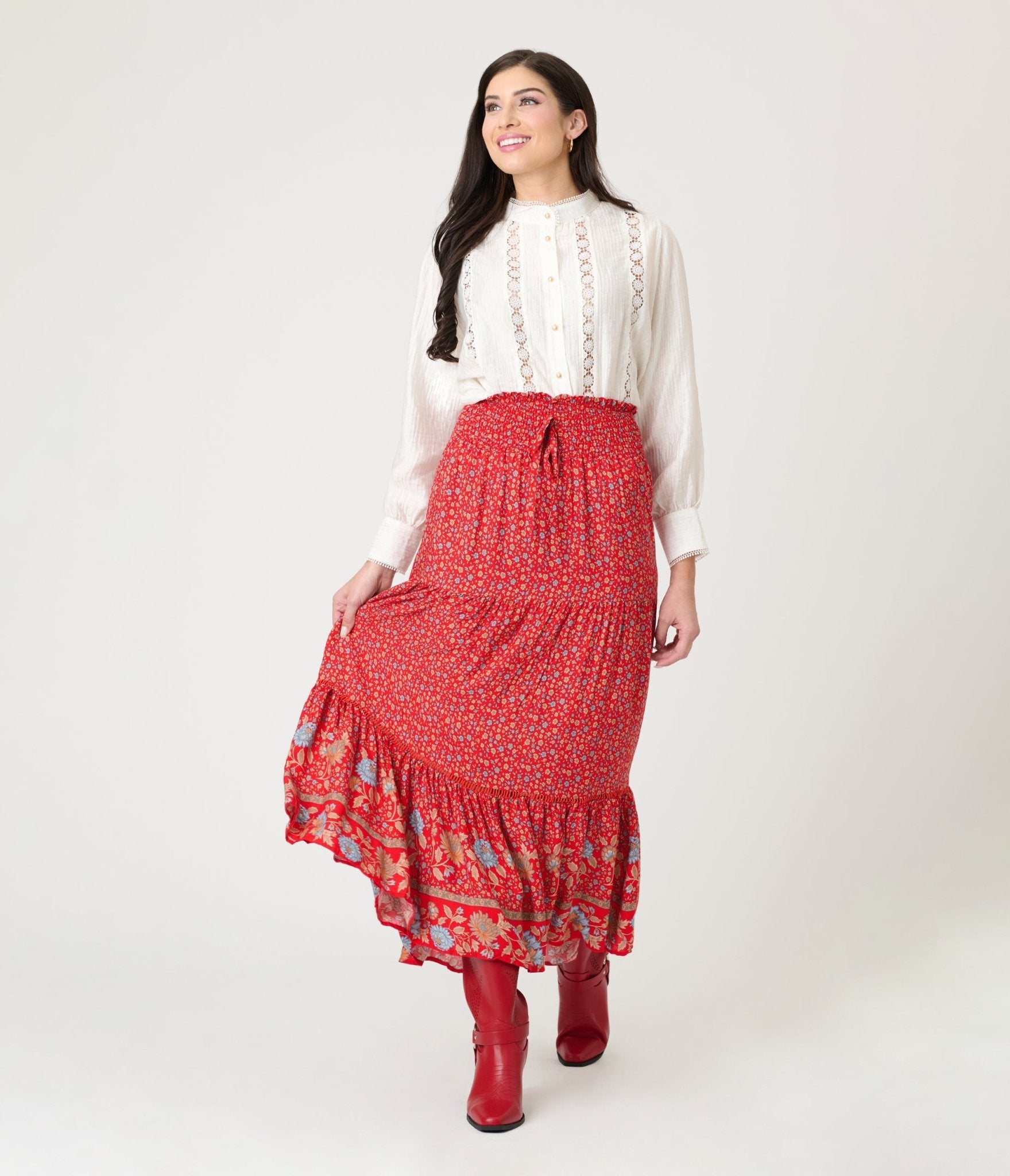 Red Bohemian Lace Maxi Skirt - Unique Vintage - Womens, BOTTOMS, SKIRTS