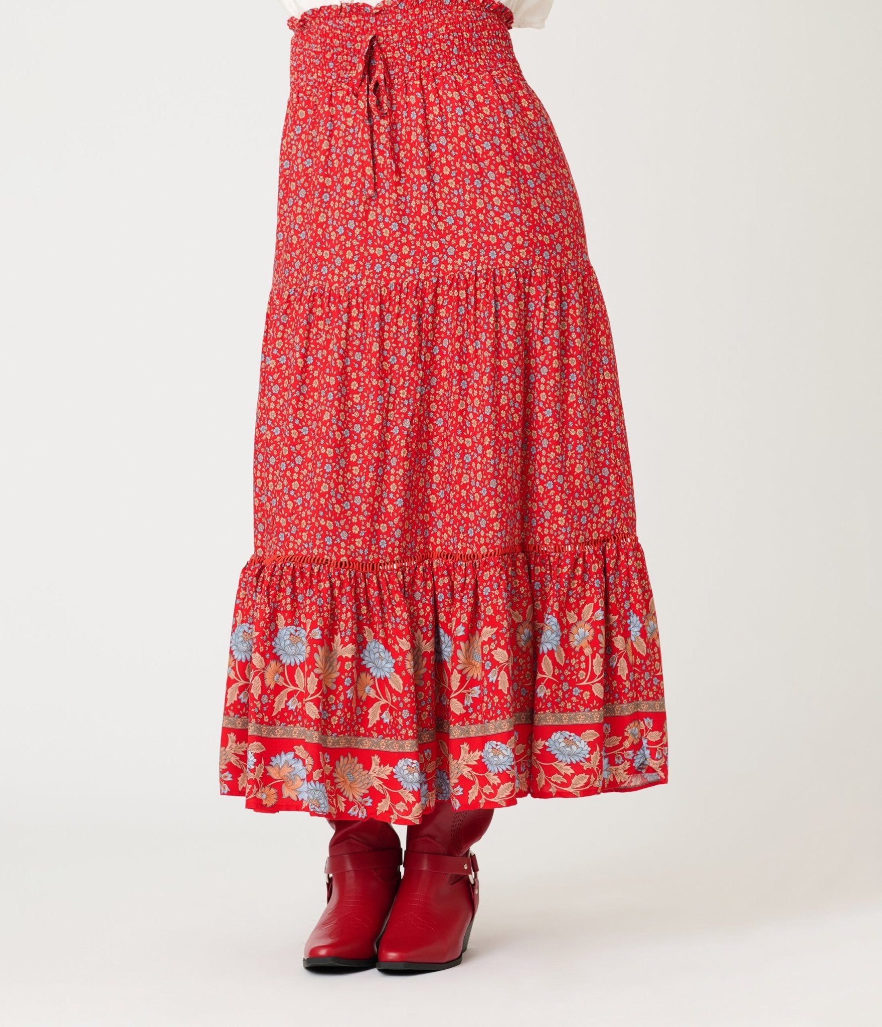 Red Bohemian Lace Maxi Skirt - Unique Vintage - Womens, BOTTOMS, SKIRTS