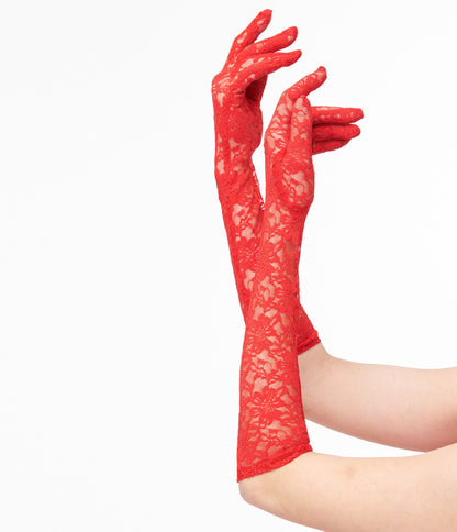 Red Lace Elbow Length Gloves - Unique Vintage - Womens, ACCESSORIES, GLOVES/SCARVES