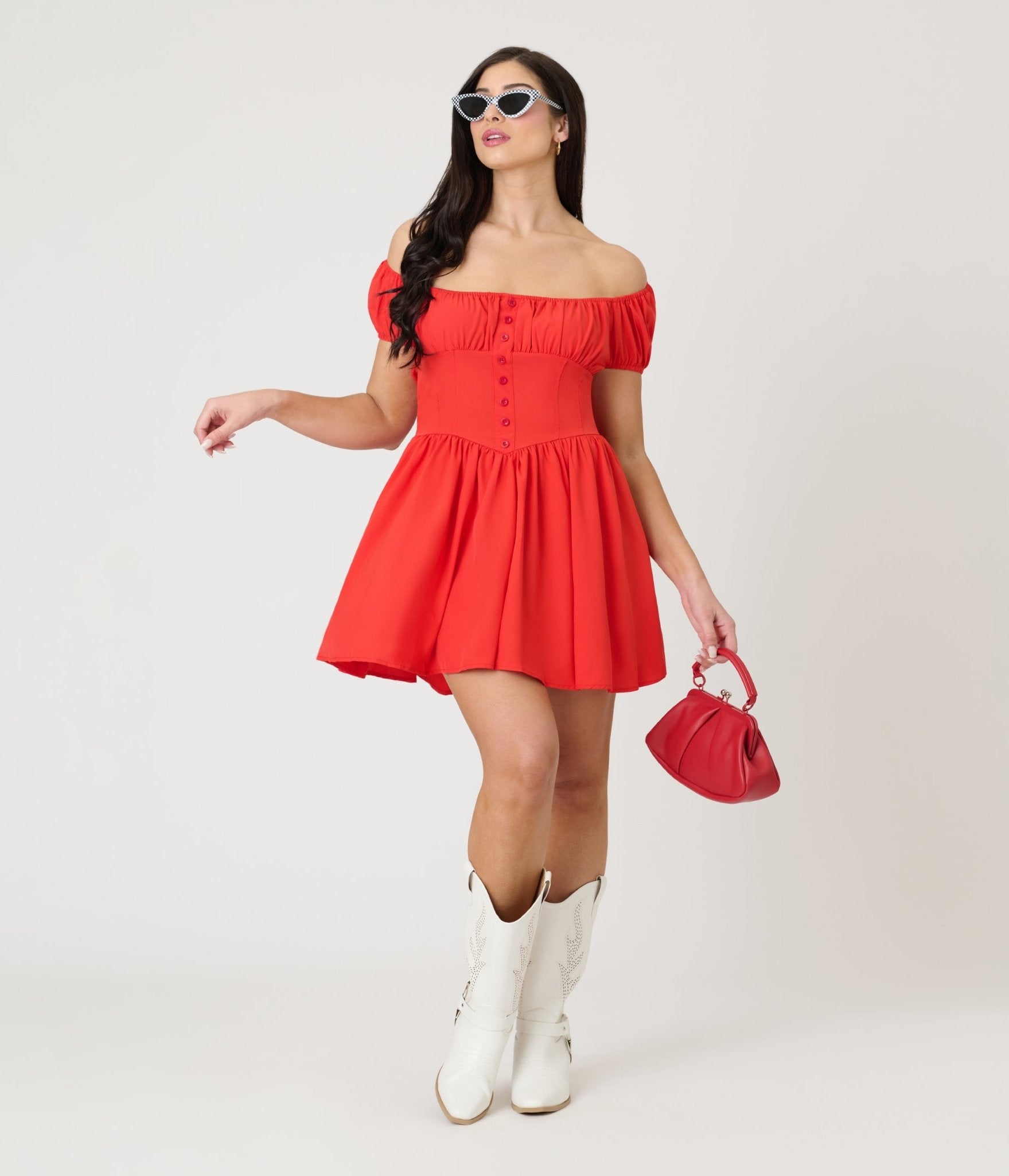 Red Off The Shoulder Mini Dress - Unique Vintage - Womens, DRESSES, MIDI