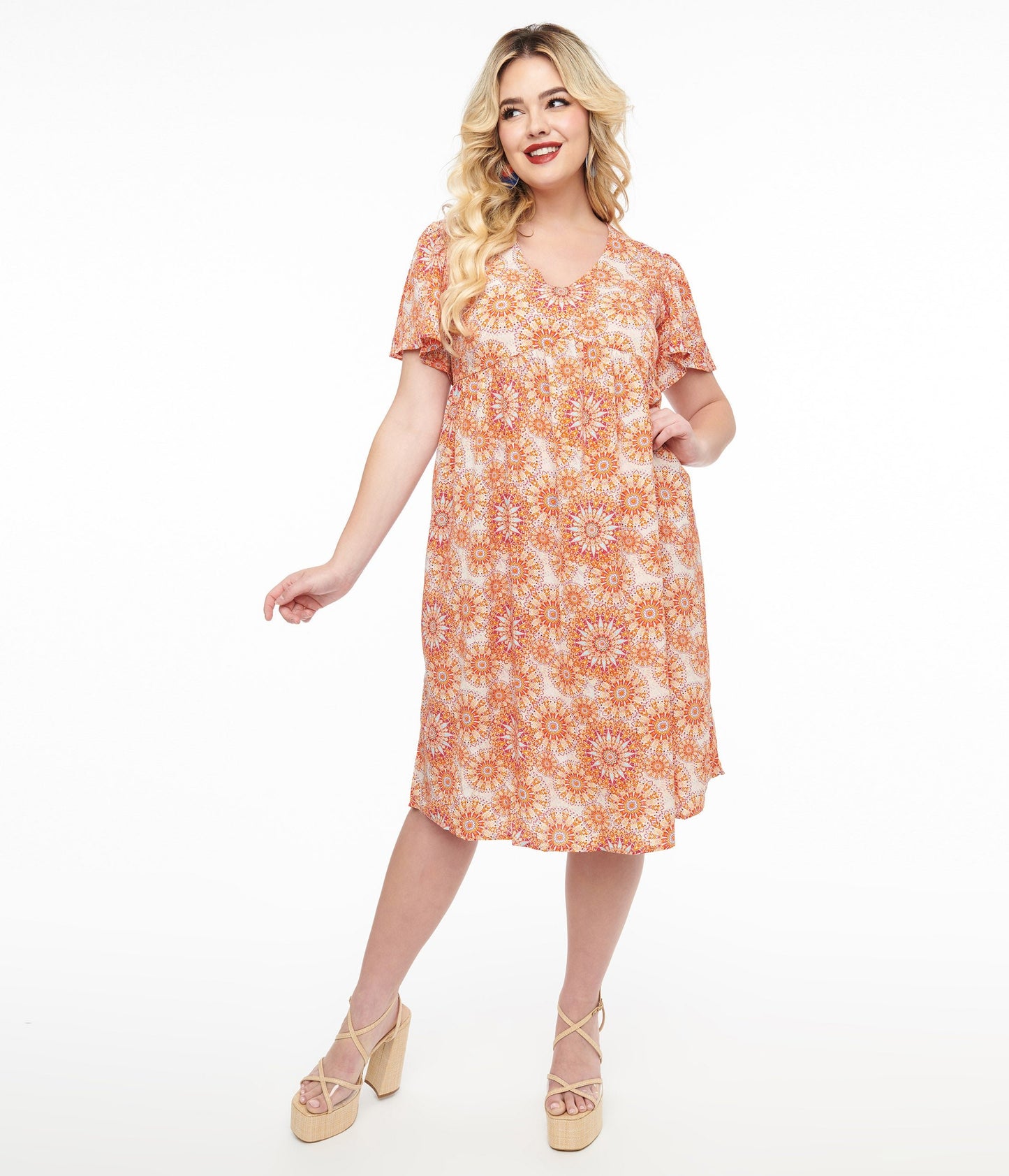 Red & Orange Psychedelic Floral Dress - Unique Vintage - Womens, DRESSES, MIDI