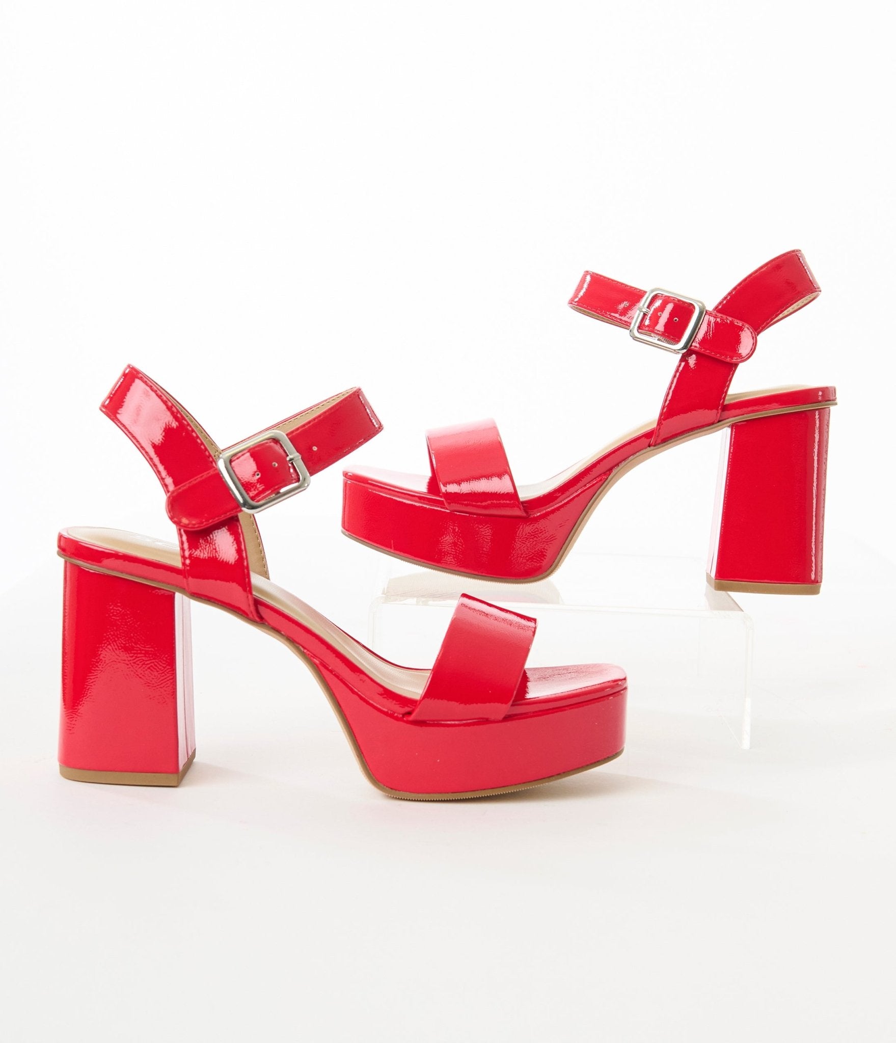 Red Patent Leatherette Platform Heels - Unique Vintage - Womens, SHOES, HEELS