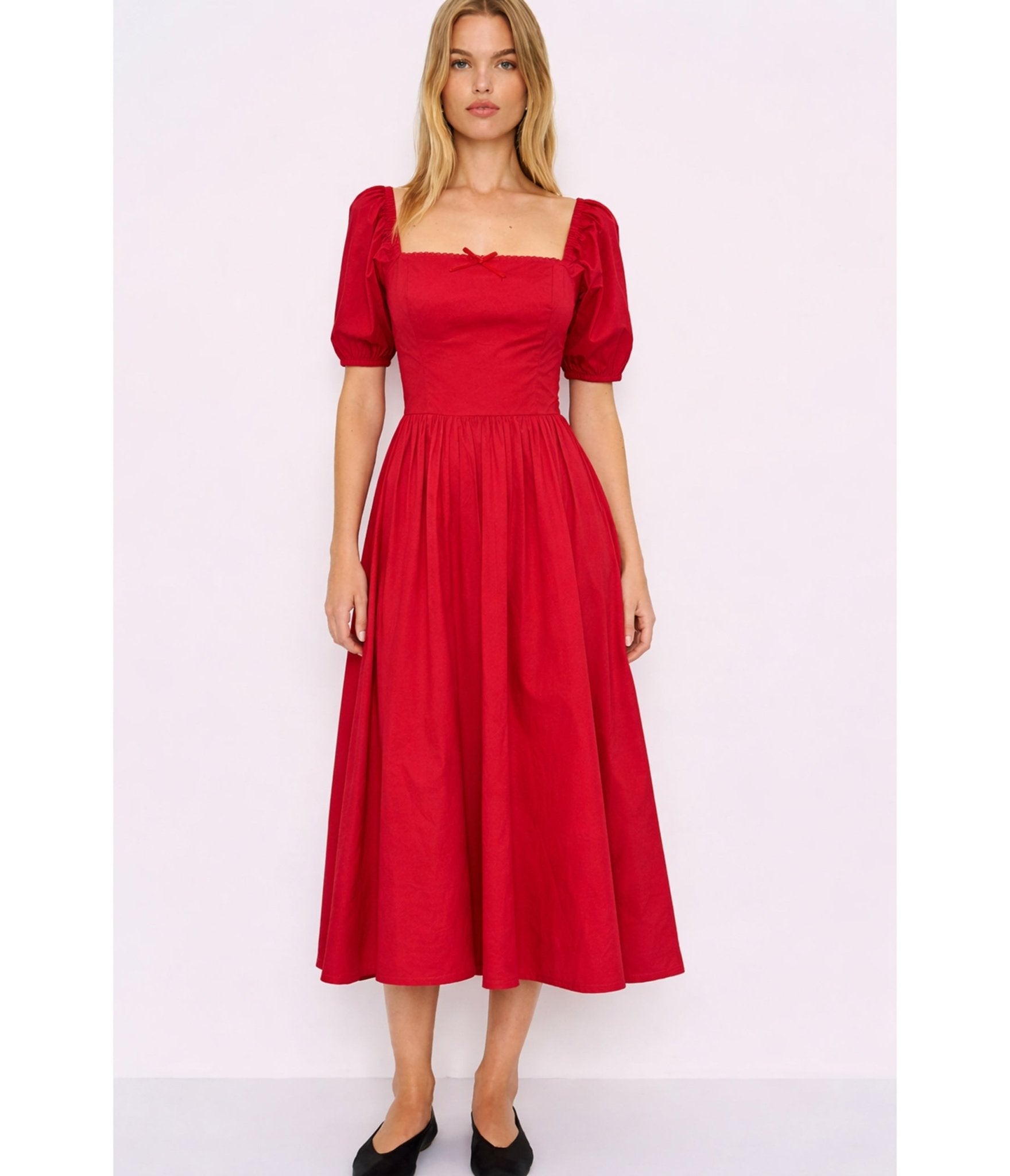 red puff sleeve dress LAVISH ALICE SCARLET SATIN PLEATED CORSET MINI and an open Red Puff Sleeve Midi Dress