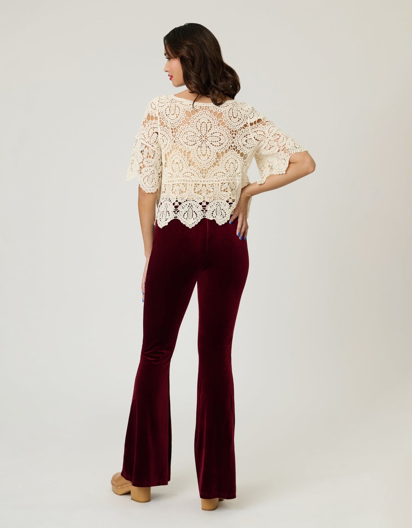 Retro Burgundy Velvet Flare Pants - Unique Vintage - Womens, BOTTOMS, PANTS