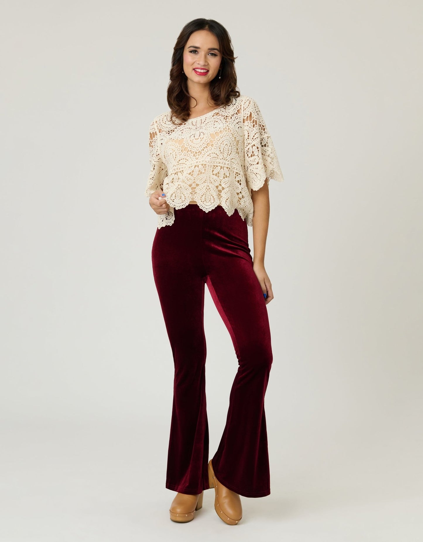 Retro Burgundy Velvet Flare Pants - Unique Vintage - Womens, BOTTOMS, PANTS