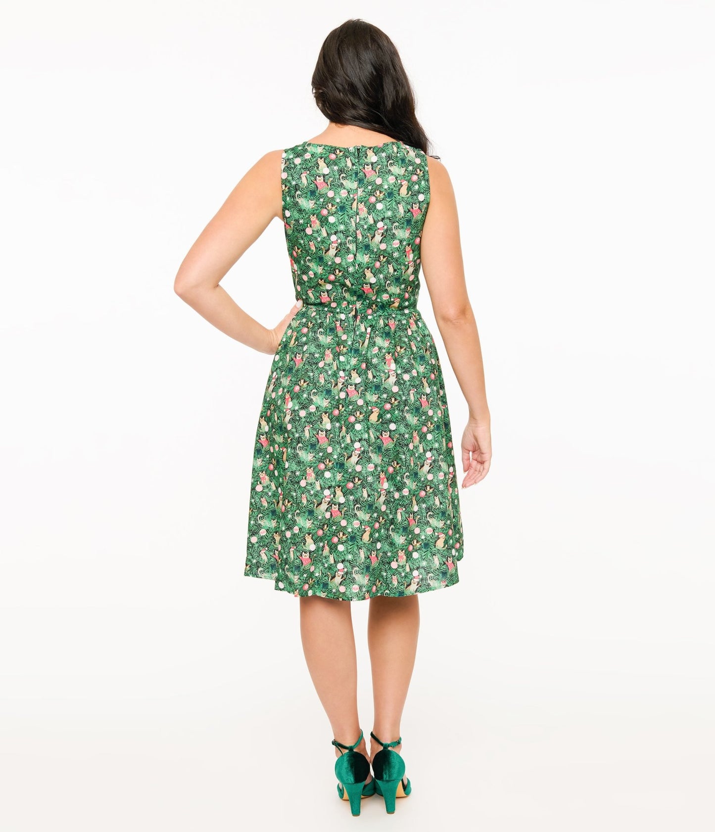 Retrolicious 1950s Green Holiday Cat Print Cotton Swing Dress - Unique Vintage - Womens, DRESSES, SWING