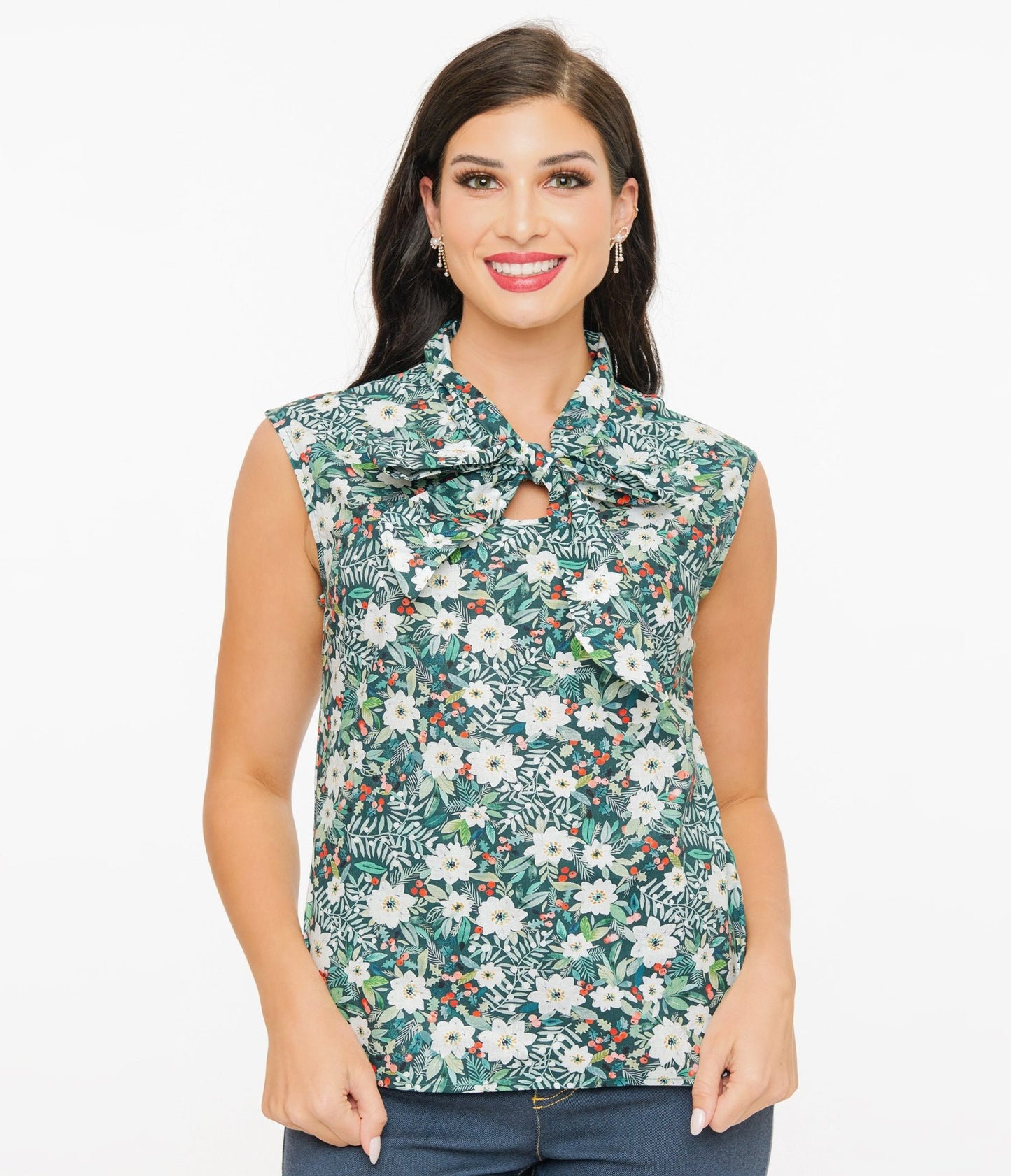 Retrolicious 1950s Winter Floral Cotton Bow Top - Unique Vintage - Womens, TOPS, WOVEN TOPS