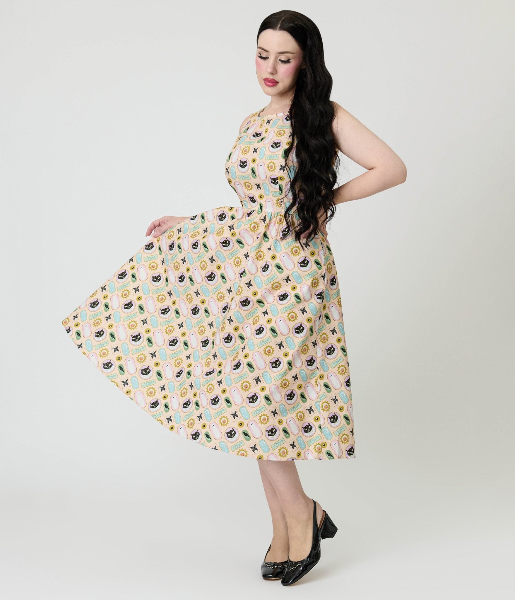 Retrolicious Cream Spooky Frames Cotton Midi Dress - Unique Vintage - Womens, DRESSES, MIDI
