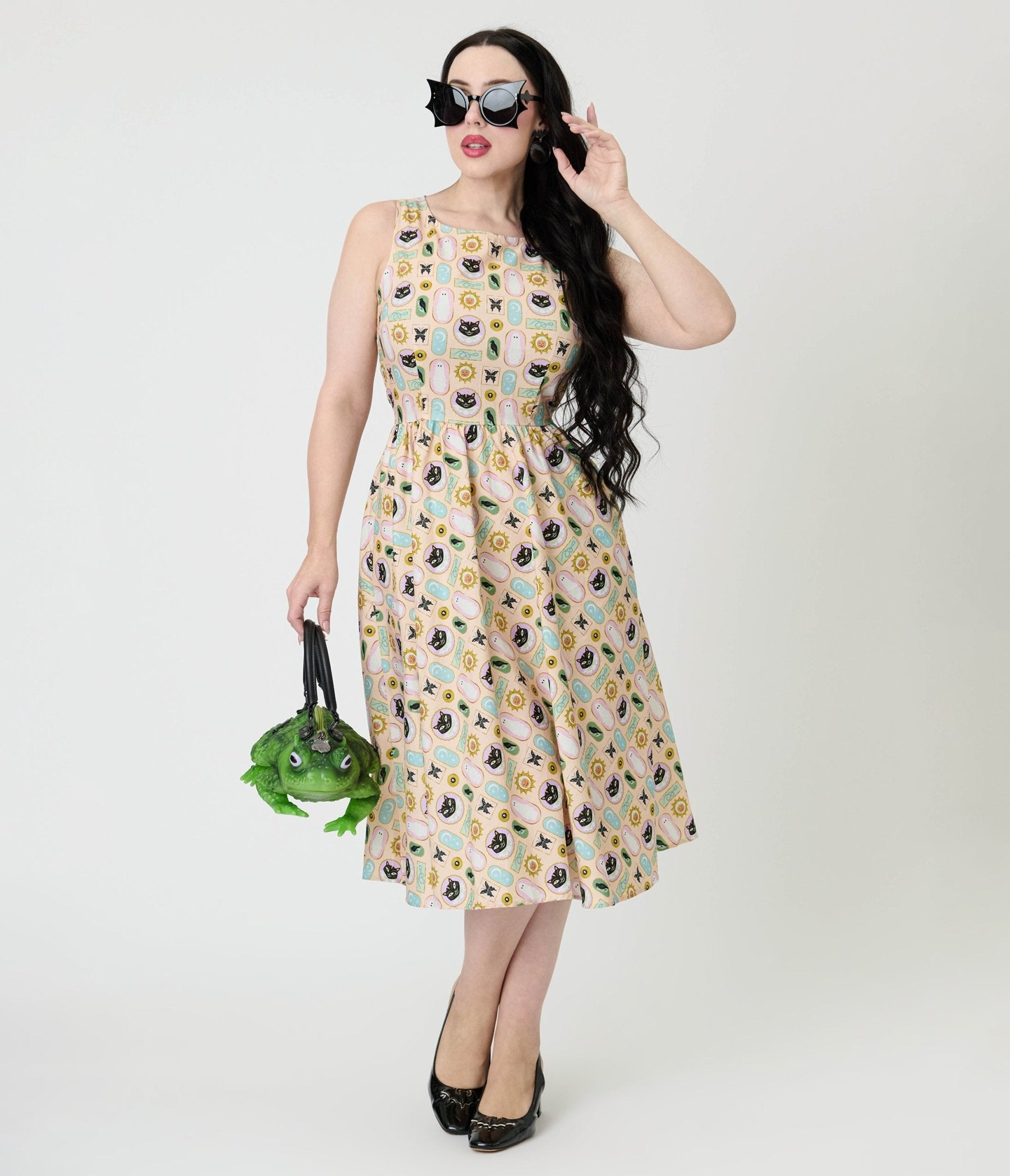 Retrolicious Cream Spooky Frames Cotton Midi Dress - Unique Vintage - Womens, DRESSES, MIDI