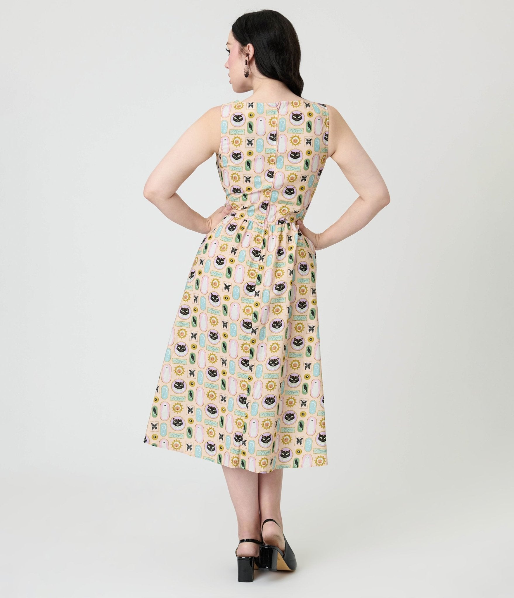 Retrolicious Cream Spooky Frames Cotton Midi Dress - Unique Vintage - Womens, DRESSES, MIDI