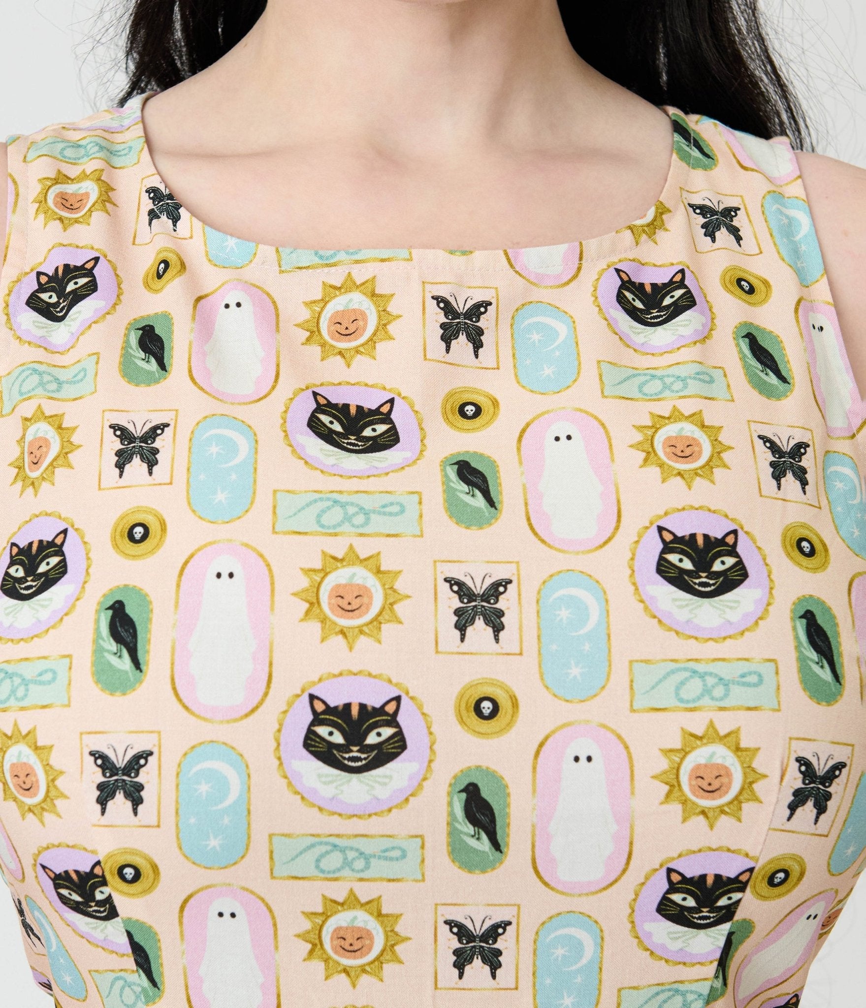 Retrolicious Cream Spooky Frames Cotton Midi Dress - Unique Vintage - Womens, DRESSES, MIDI