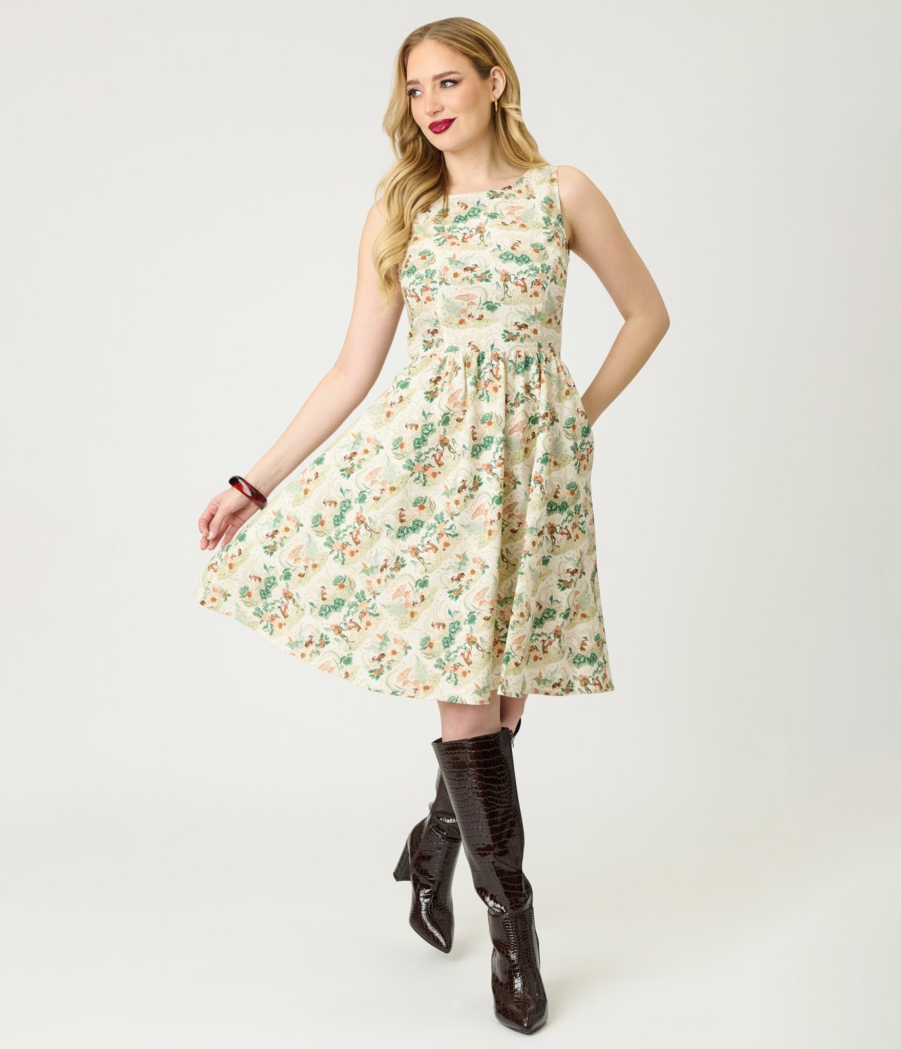 Retrolicious Garden Mouse Print Cotton Flare Dress Small