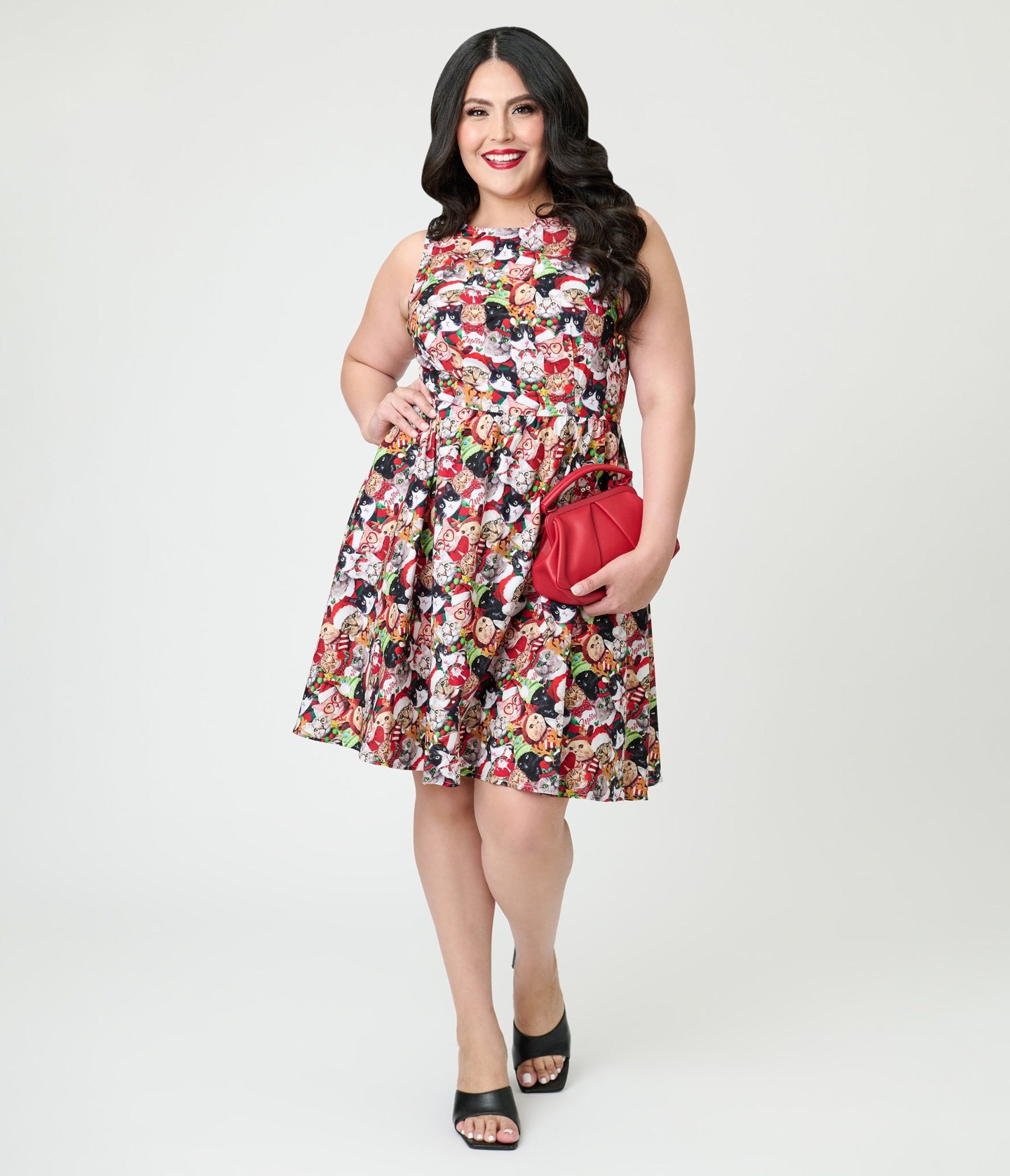 Retrolicious Holiday Cat Cotton Flare Dress - Unique Vintage - Womens, DRESSES, FIT AND FLARE